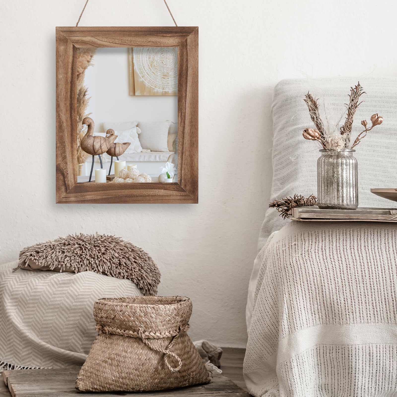 Muzilife Espejo de pared de madera maciza de 40 x 50 cm, espejo rectangular con marco de madera para dormitorio, baño, salón, pasillo, con cuerda de lino, color marrón