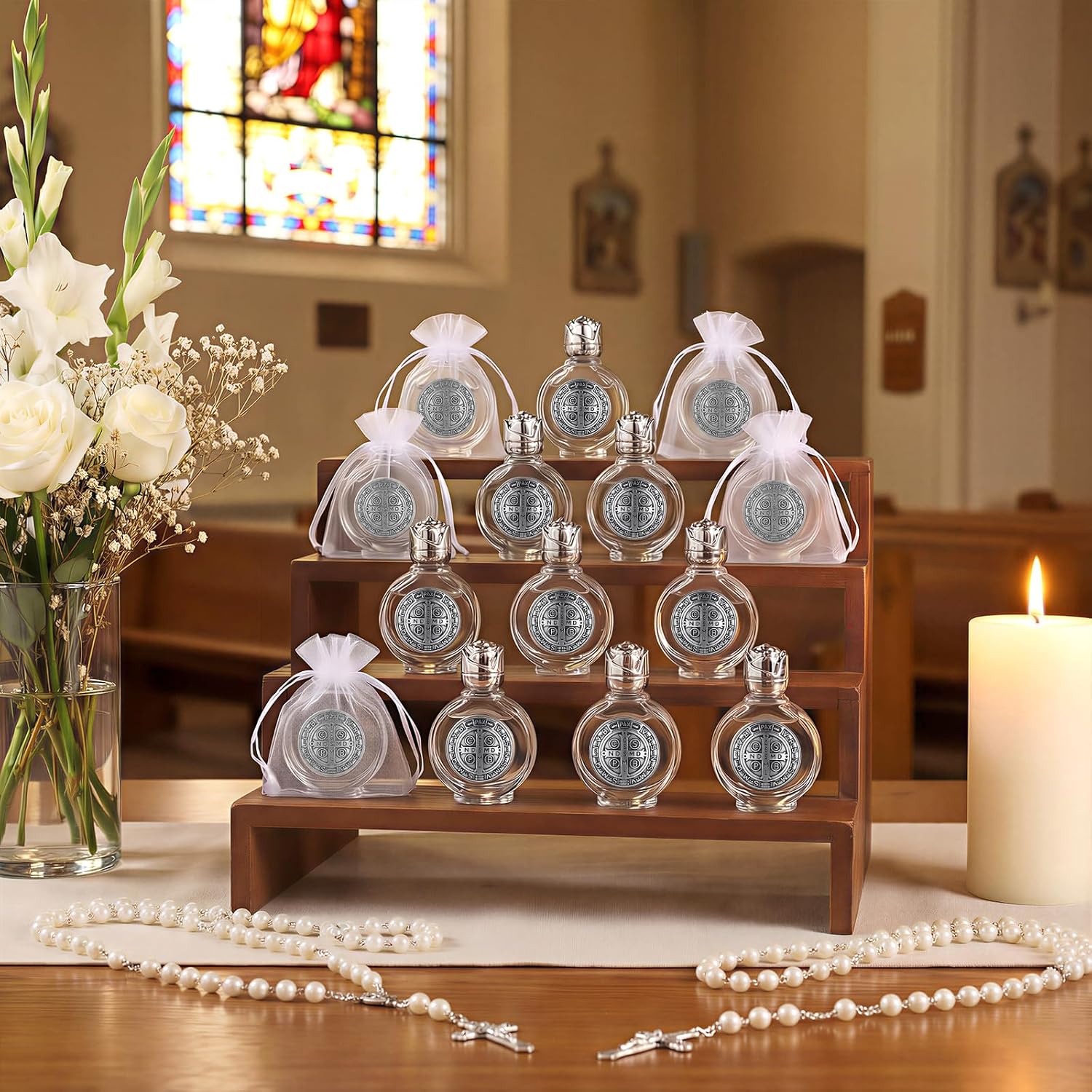 30 Set Holy Water Bottles Catholic Bulk 15 ml Baptism Holy Water Container Empty Glass Bottle with Saint Benedict Medal Organza Bags for Communion Church Baptism Favor Party(Silver)