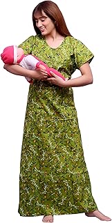 Ankona Feeding Nighty in Pure Cotton with 3 zips First Zip on Neck for Comfortable Wearing &amp; Other 2 zips on Front for Fee...