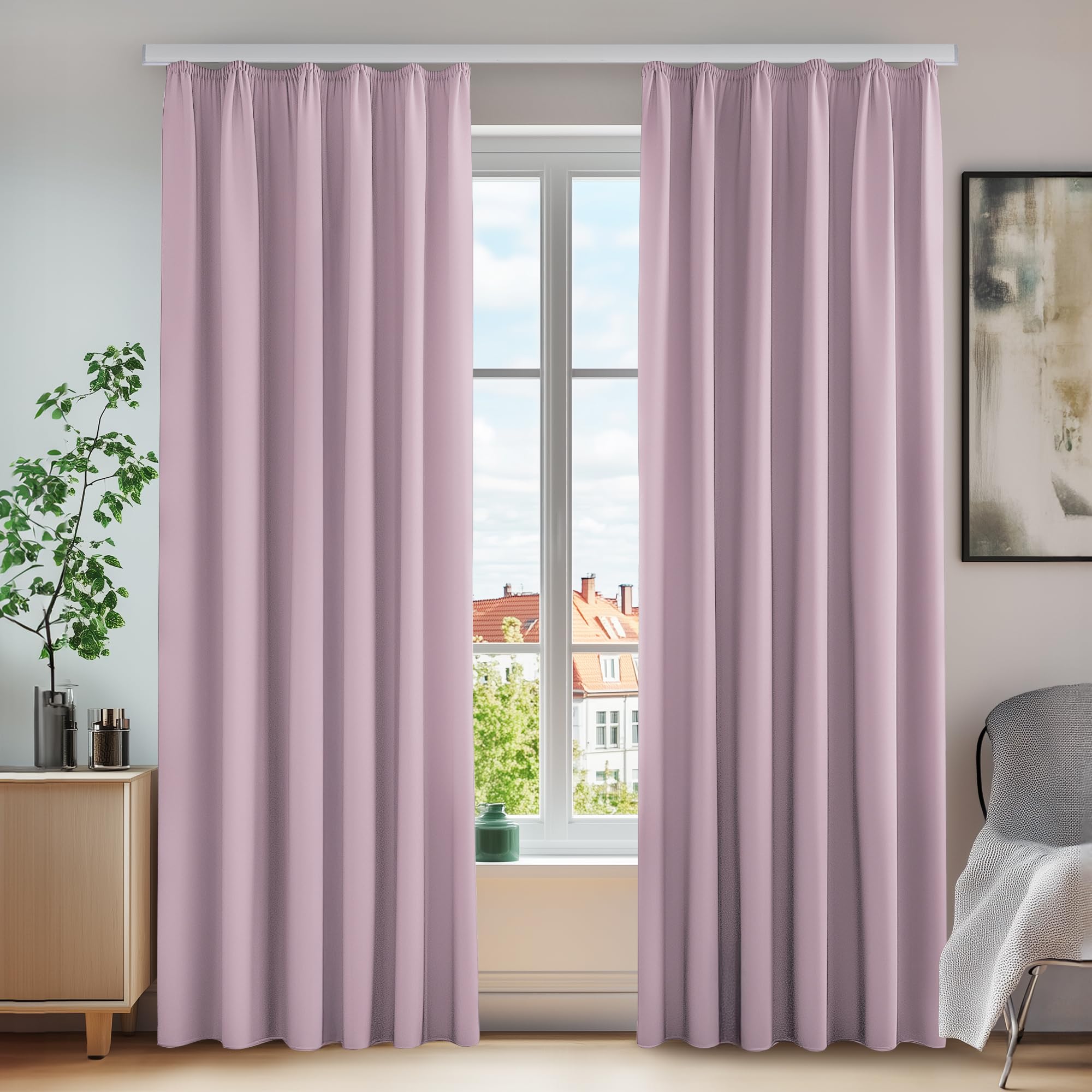 Deconovo Baby Pink Super Soft Blackout Pencil Pleat Curtains, Thermal Insulated, W55 X L96 Inch, 2 Panels, Bedroom