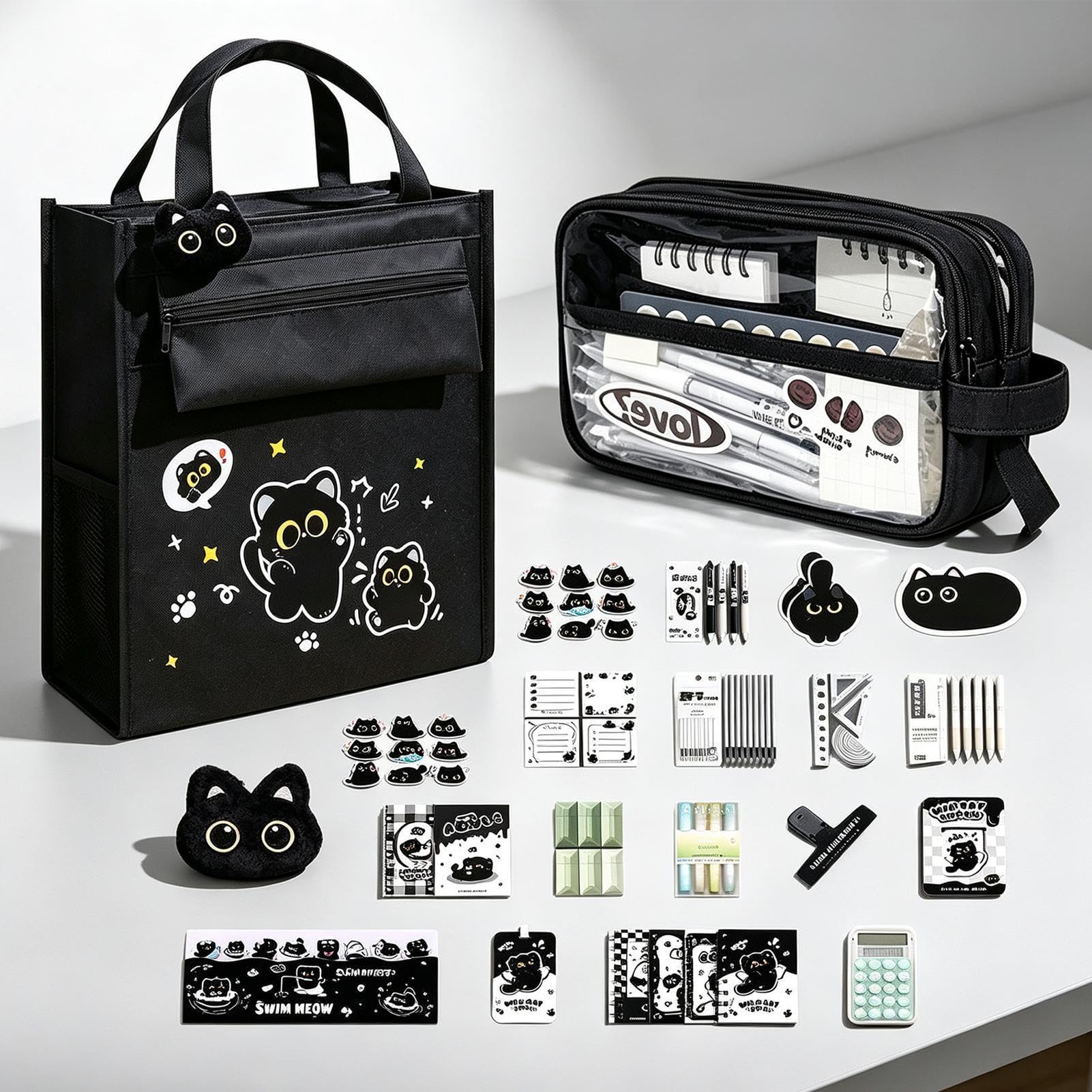 Set di cancelleria grande capacità gatto nero cancelleria kit organizzatore | Set di forniture scolastiche per bambini, ragazze, ragazzi, insegnanti, donne, casa, classe, università, biblioteca, ufficio