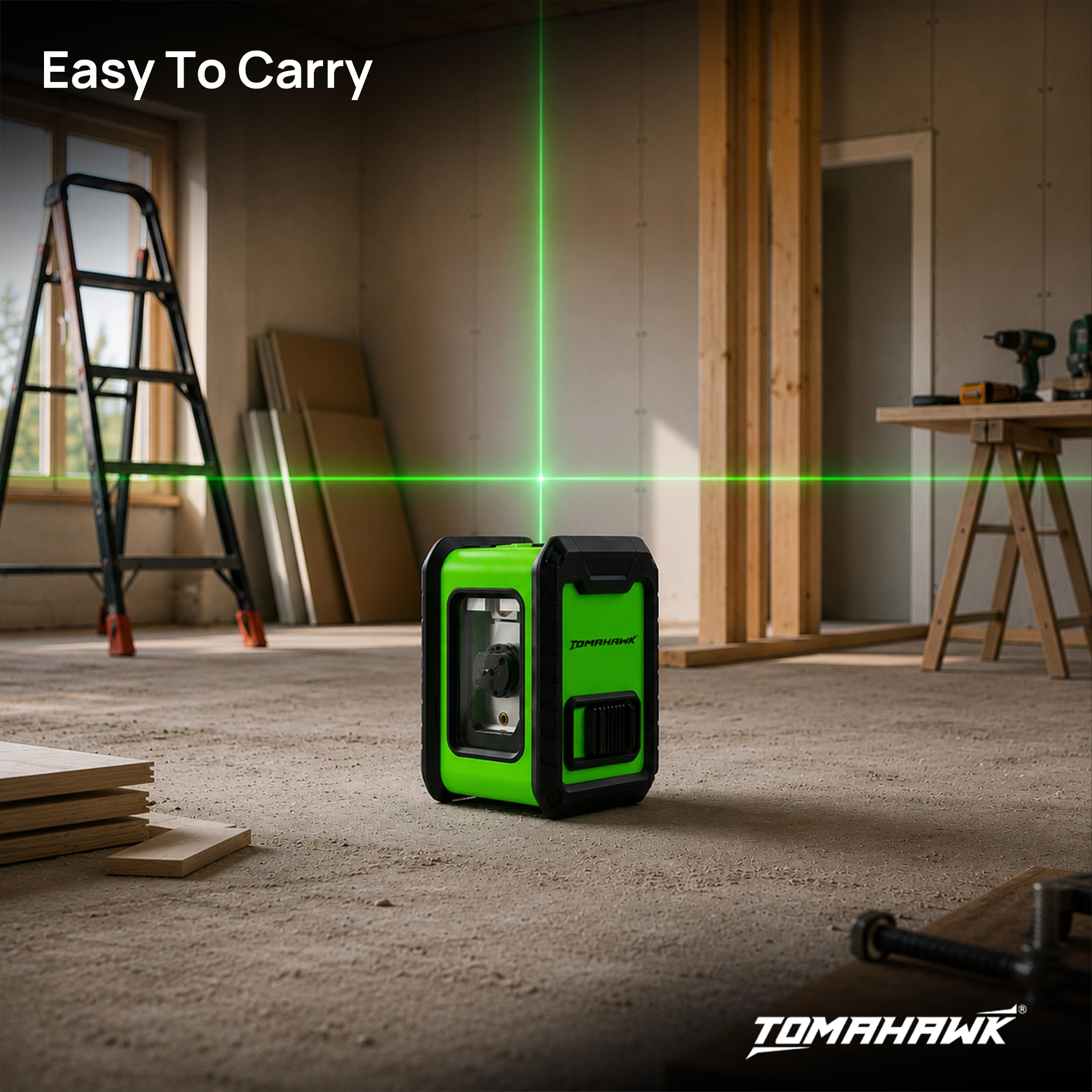 TOMAHAWK® TLL-C-02 Compact 2 Green Line Laser Level - 98ft Green Cross Self-Levelling Laser Line for Construction with Vertical/Horizontal Base, Adjustable Brightness 1