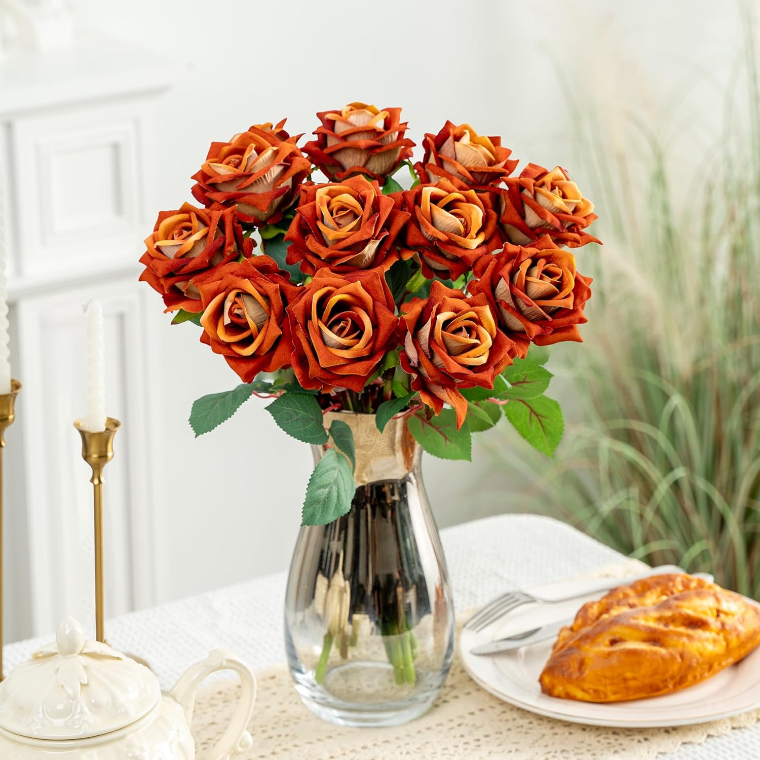 Fake Roses Faux Flowers Silk Roses Artificial Roses with Stems Realistic Artificial Flowers 16.5In Suitable for Indoor Home Decoration DIY Bouquet Wedding Decor Party Decor (Orange) 12PCS - Image 3