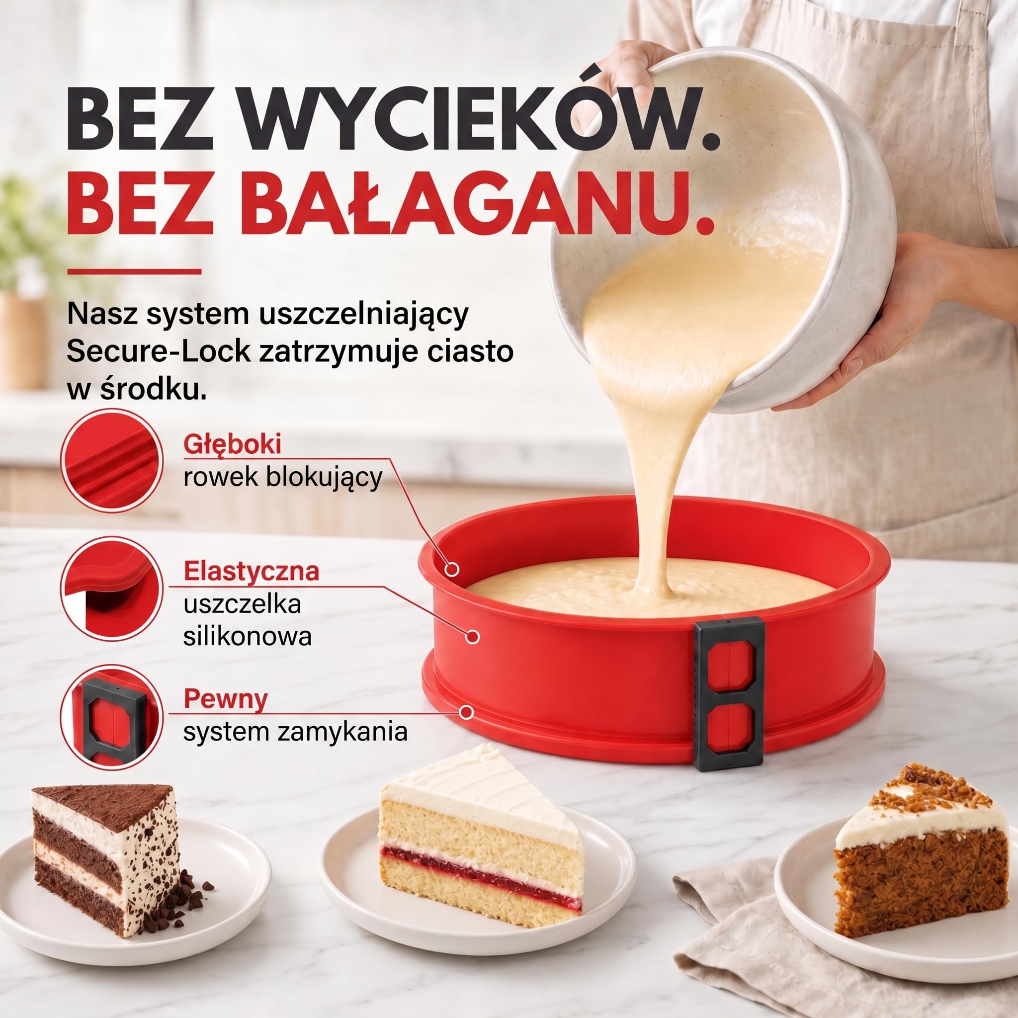 Silikonowa tortownica, nieprzywierająca forma do pieczenia ciast, Foremka silikonowa ze szklanym dnem (Czerwony)