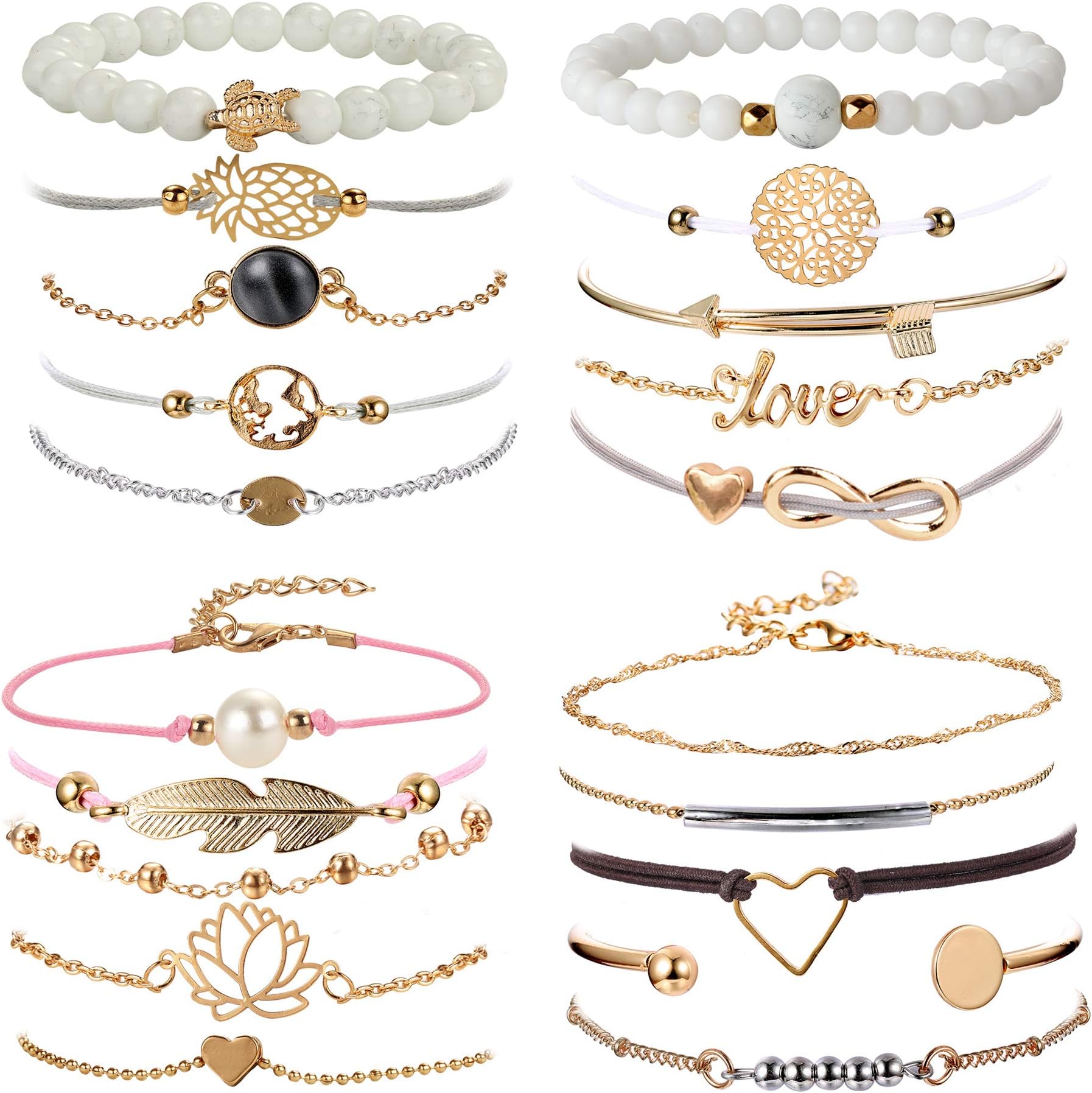 YADOCA 20 Pcs String Bracelets for Women Trendy Multiple Stackable Wrap Bangle Assorted Surfer Charm Bracelet Stack Adjustable Anklet Jewelry