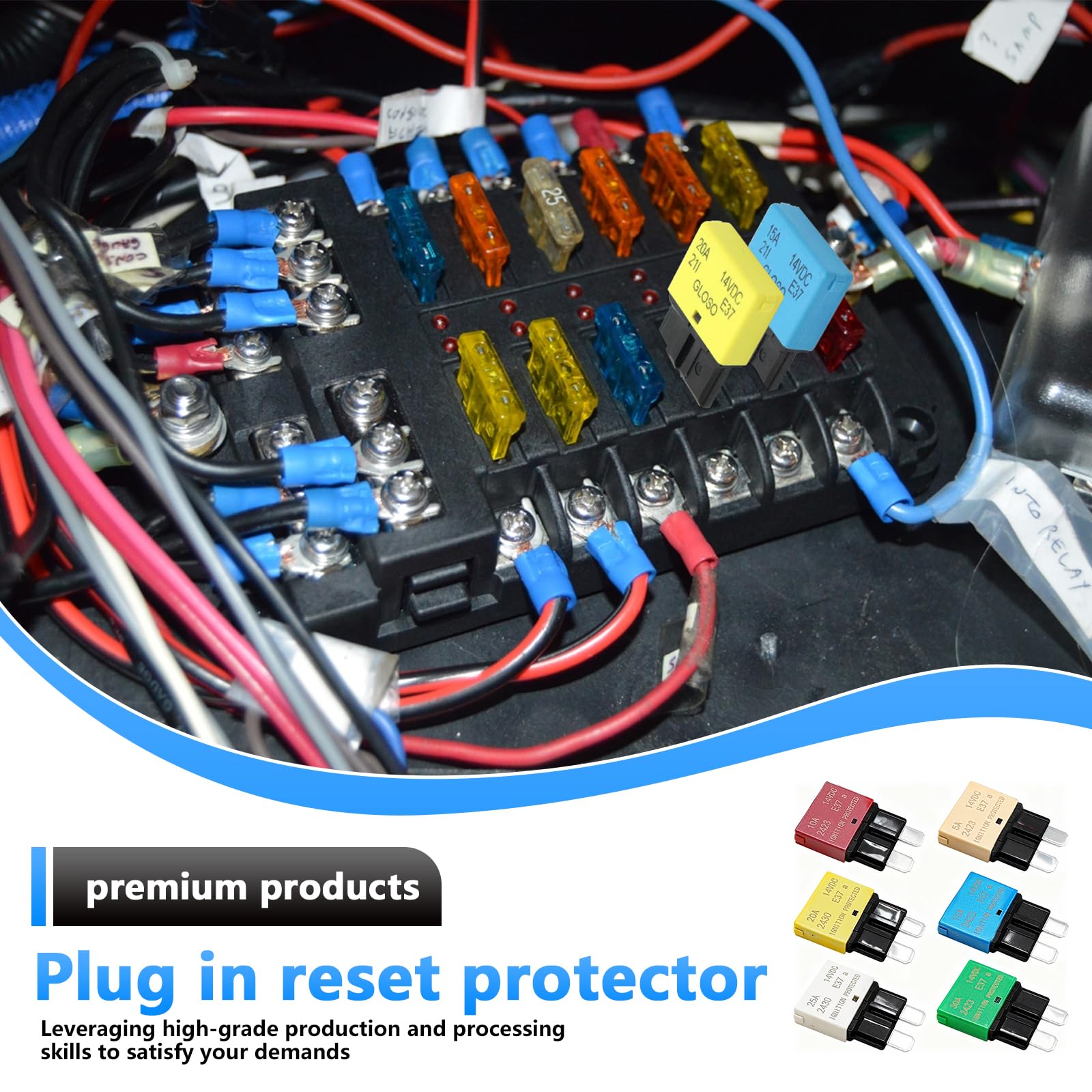 Lot de 6 fusibles de réinitialisation automatique DC 12 V 5 A 10 A 15 A 20 A 25 A 30 A E37 Disjoncteur faible profil pour voiture Fusibles plats avec réinitialisation automatique