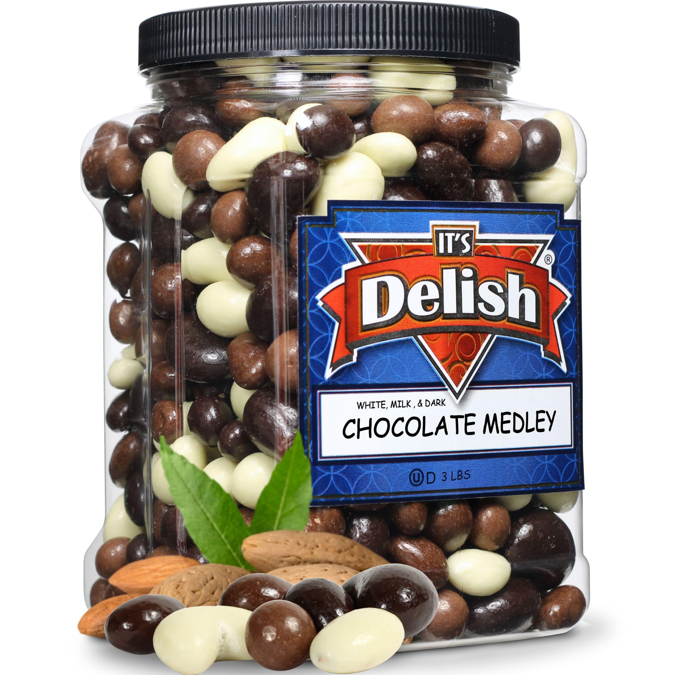 Gourmet Chocolate Bridge Mix Medley by Its Delish, 3 LBS Jumbo Container | Dark, Milk, and White Chocolate Coated Peanuts, Almonds, Raisins, Espresso Beans, Cashews, Macadamia Nuts Candy, Kosher Dairy