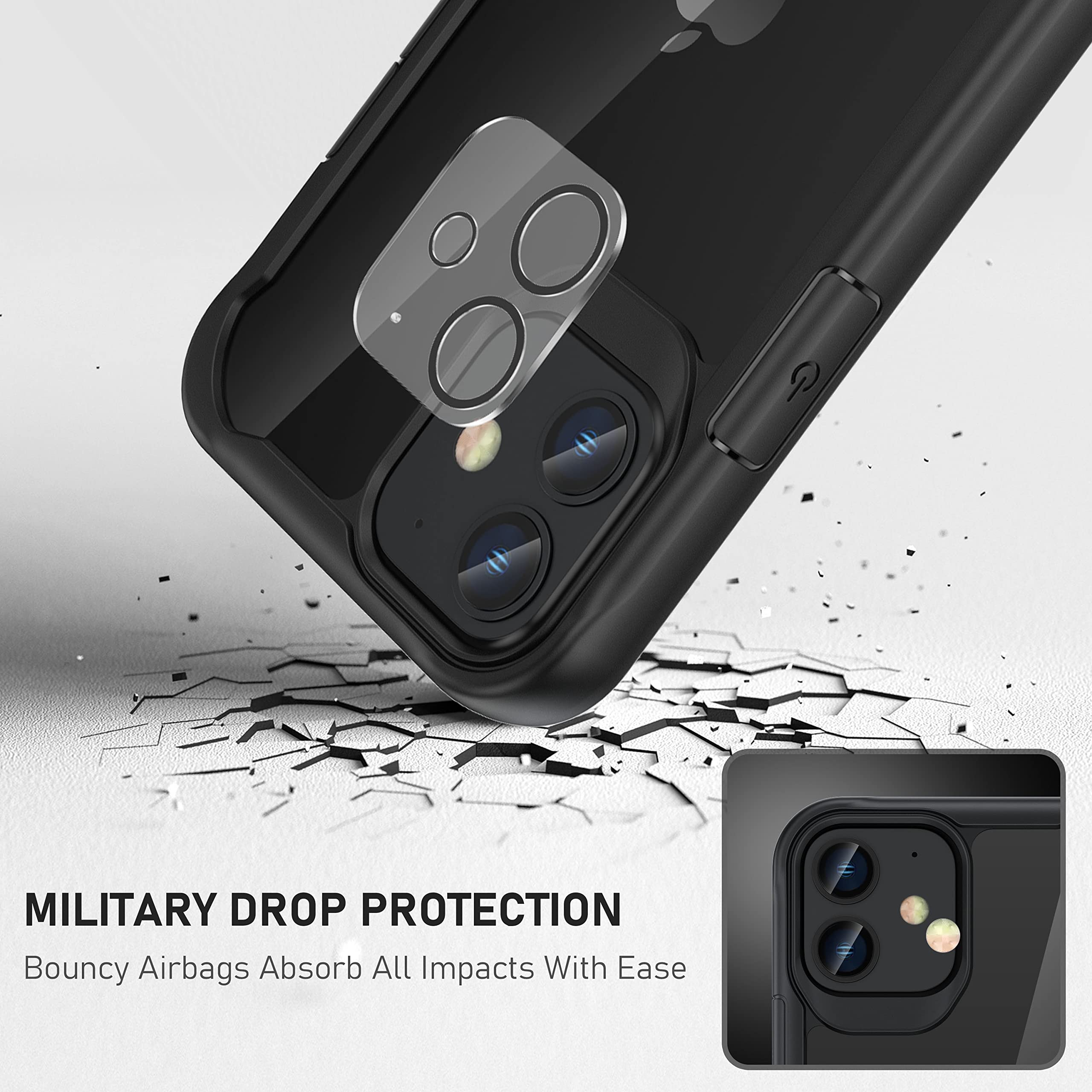 ORETech Cover per iPhone 12, Custodia iPhone 12(6.1 Pollici), [2 Pezzi Pellicola Protettiva in Vetro Temperato & 1 Pezzi Pellicola Fotocamera]Antiurto Ultra Sottile Hard PC Silicone Clear Cover - Nero