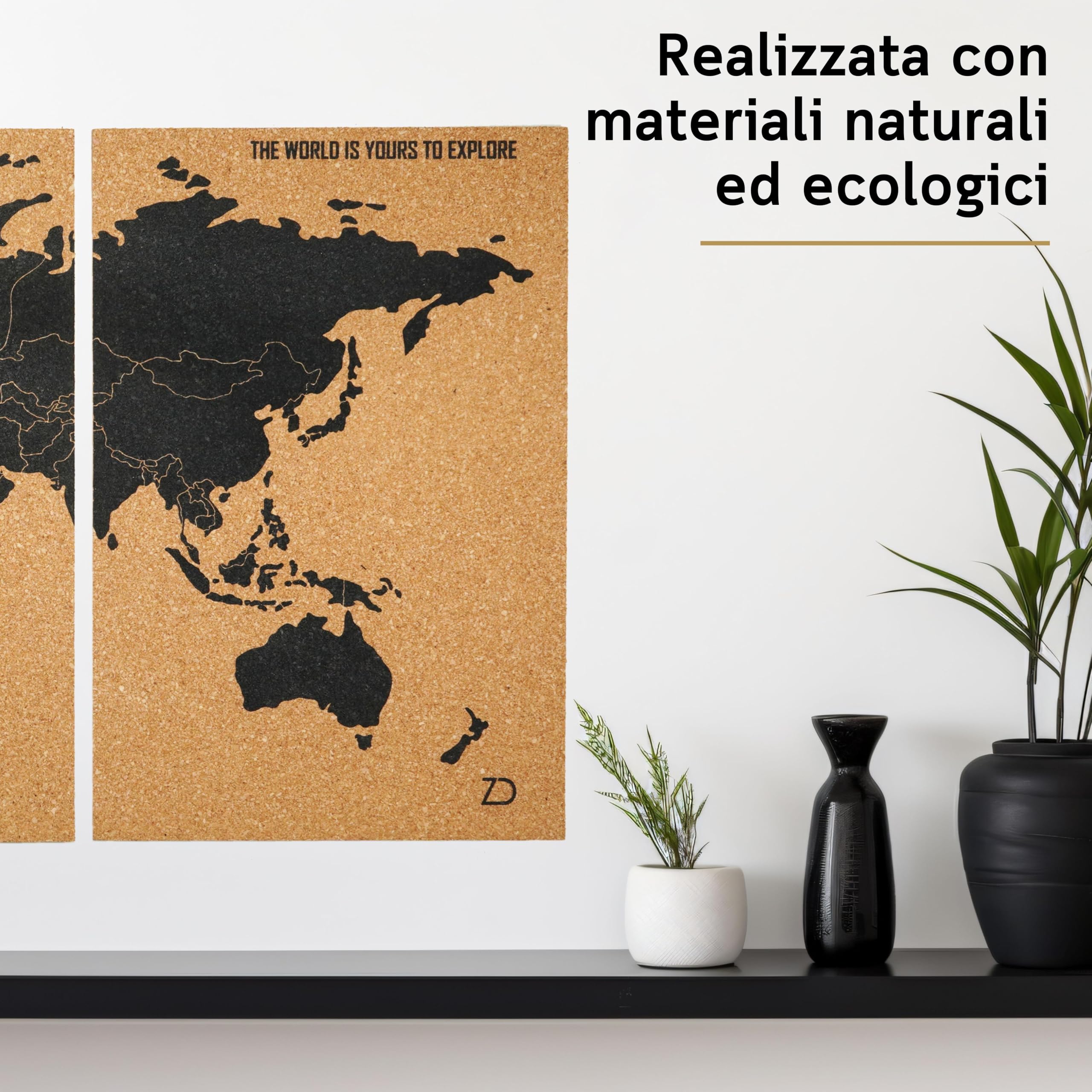 Zinello Design – Mappa del Mondo in Sughero da Parete 60×30 cm (3 Pannelli Adesivi) con 60 Puntine – Quadro Decorativo Viaggi Personalizzabile – Poster Murale Ecologico – Idea Regalo