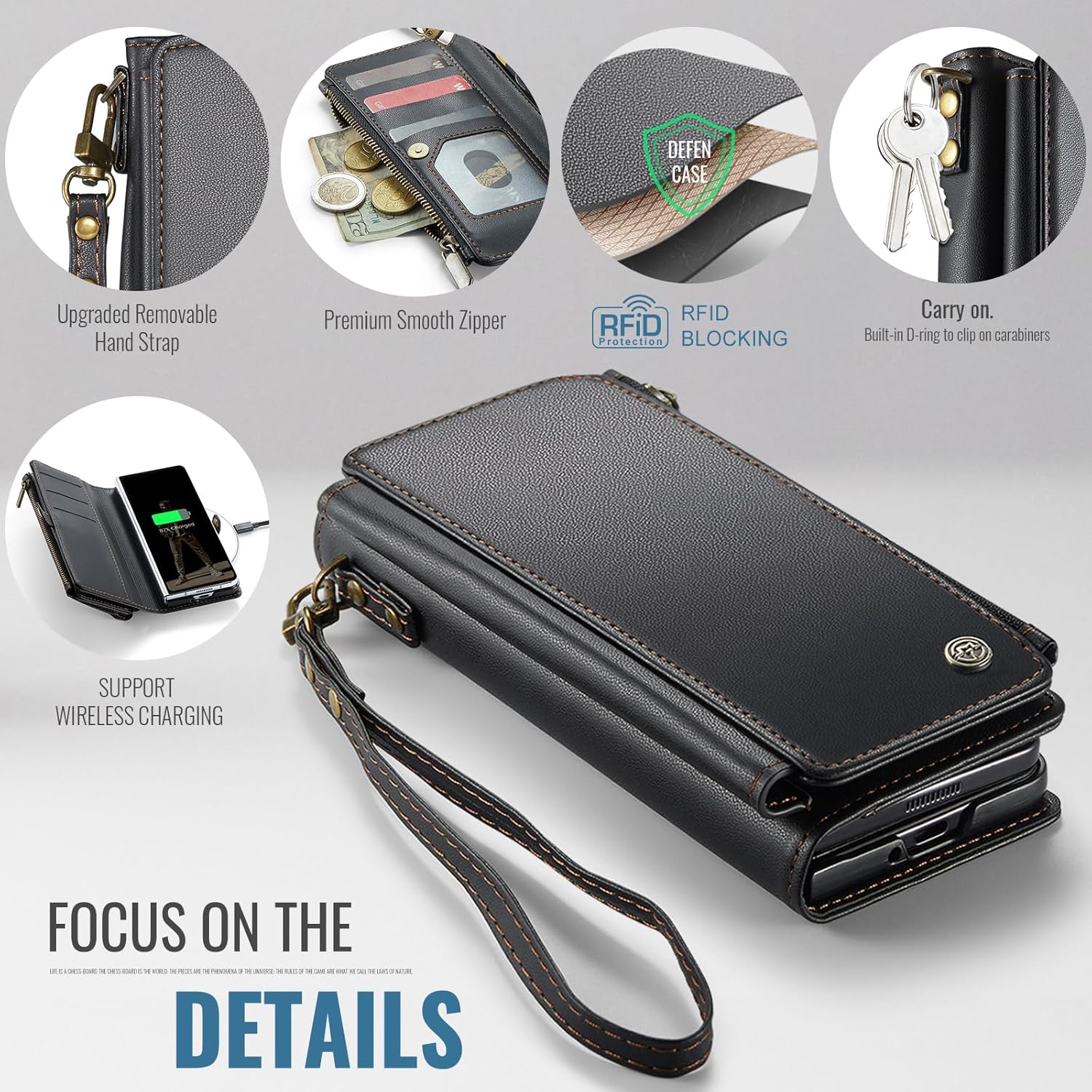 Defencase for Samsung Galaxy Z Fold 7/ Fold7 Wallet Case with RFID Blocking 10-Card Holder, Fashion Soft PU Leather Magnetic Snap Flip Zipper Wrist Strap Phone Case for Galaxy Z Fold 7 5G, Black