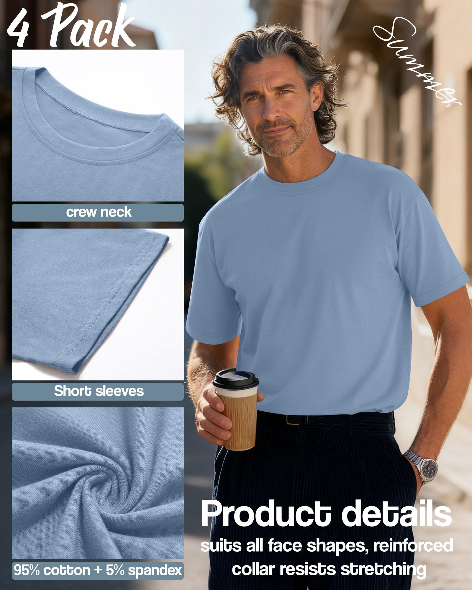 Neer Paquete de 4 Camisetas para Hombre Tallas Grandes y Altas Algodón de Verano, Mangas Cortas Cuello Redondo Prenda Casual