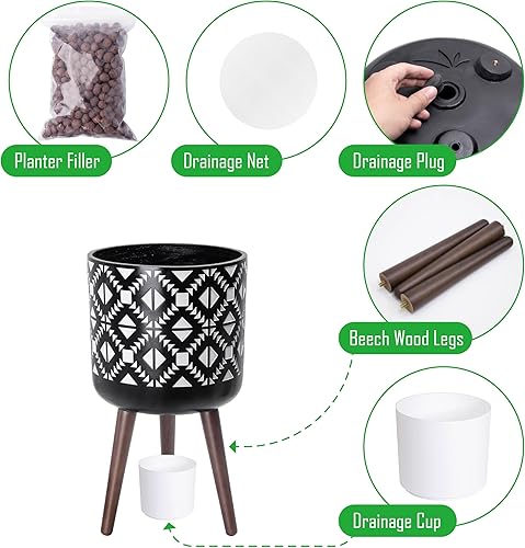 Miniatura 4 de D'vine Dev Maceta de 12 pulgadas con soporte, maceta alta de mediados de siglo con patas para plantas de interior, grande, gris carbónblanco,