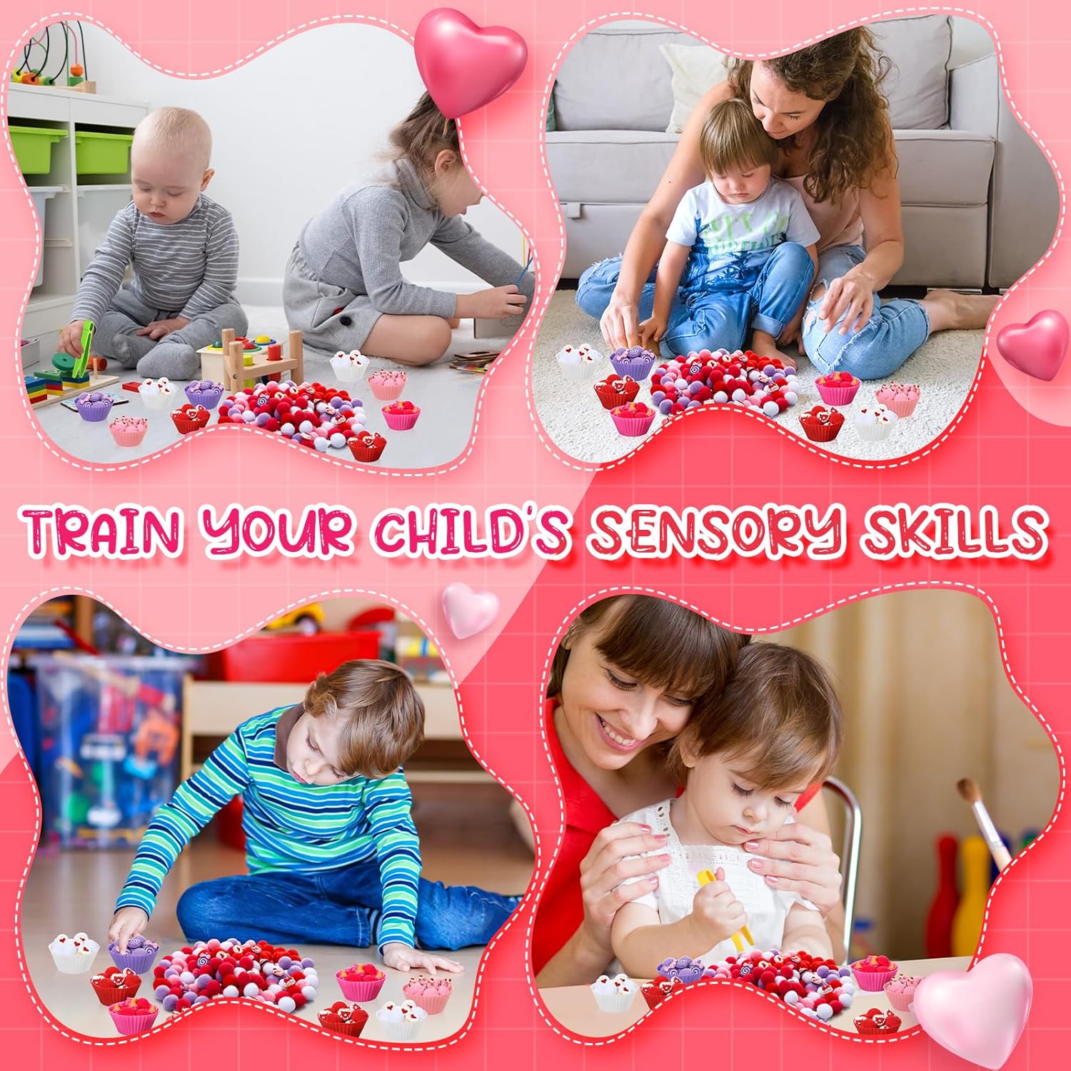 Maxcheck 186 Pcs Valentine's Fine Motor Skills Toys Sensory Bin Filler Include 150 Plush Balls 10 Sorting Bowls 4 Tweezers 2 Scissors Clips 20 Resin Beads for Early Education Sorting Counting Training