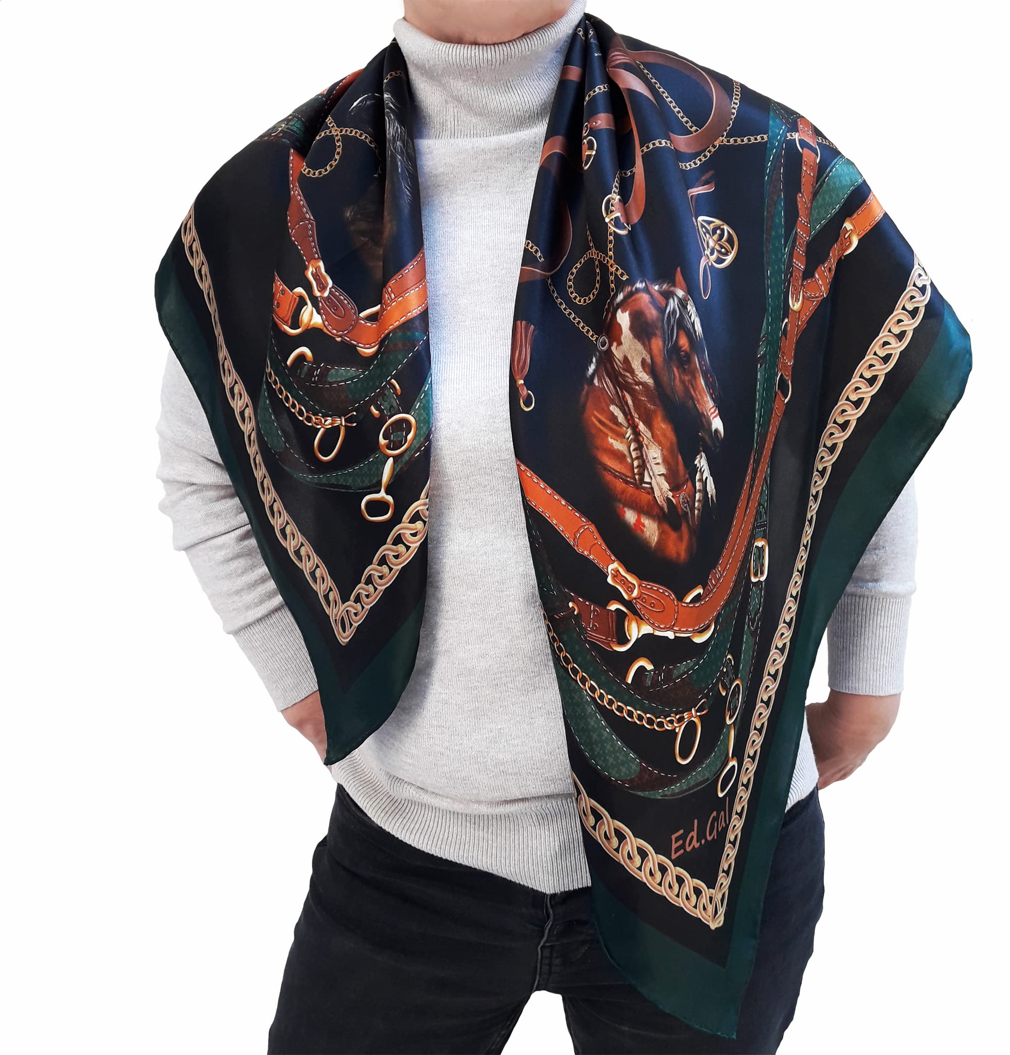 Square Horse Scarf Black Silk Satin Neckerchief For Women Coach