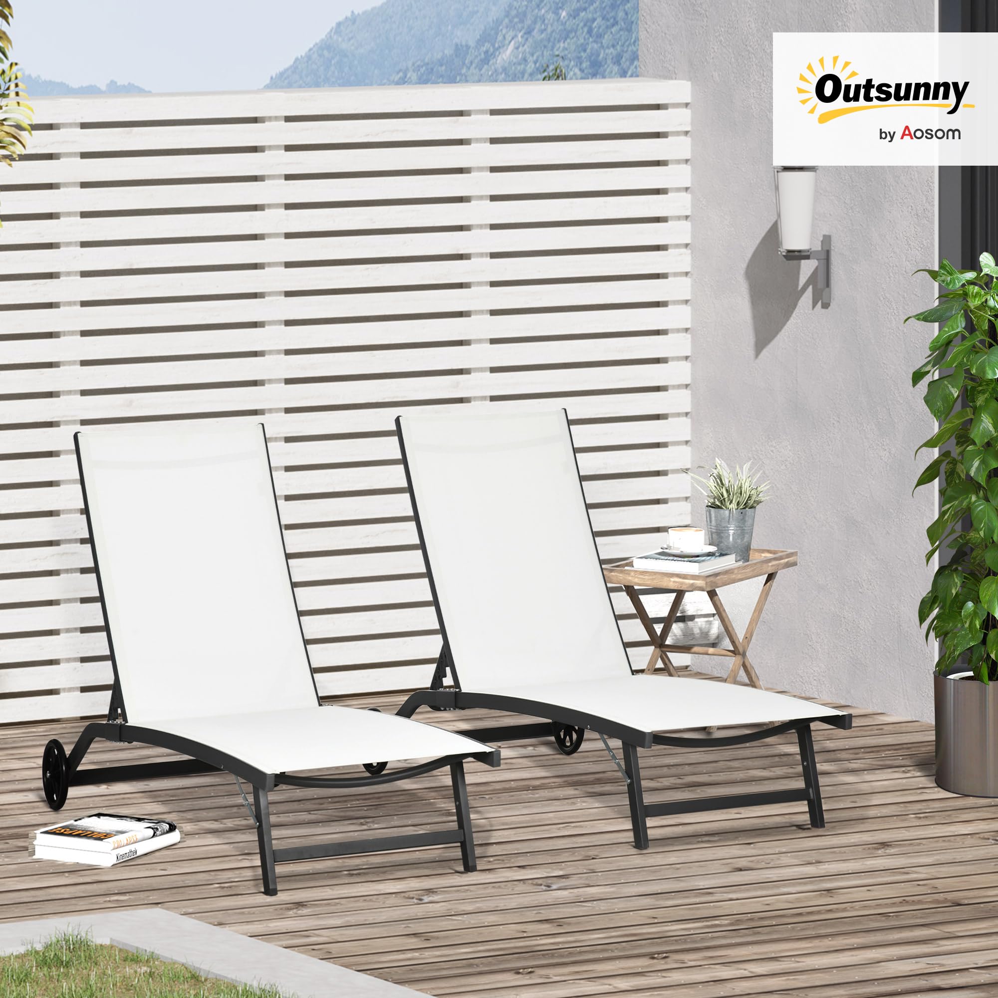 Outsunny Set di 2 Lettini Prendisole da Giardino 66x165x102cm Crema | Ruote, Schienale Regolabile 5 Livelli, Sdraio da Giardino in Alluminio e Texteline, Spiaggia, Piscina