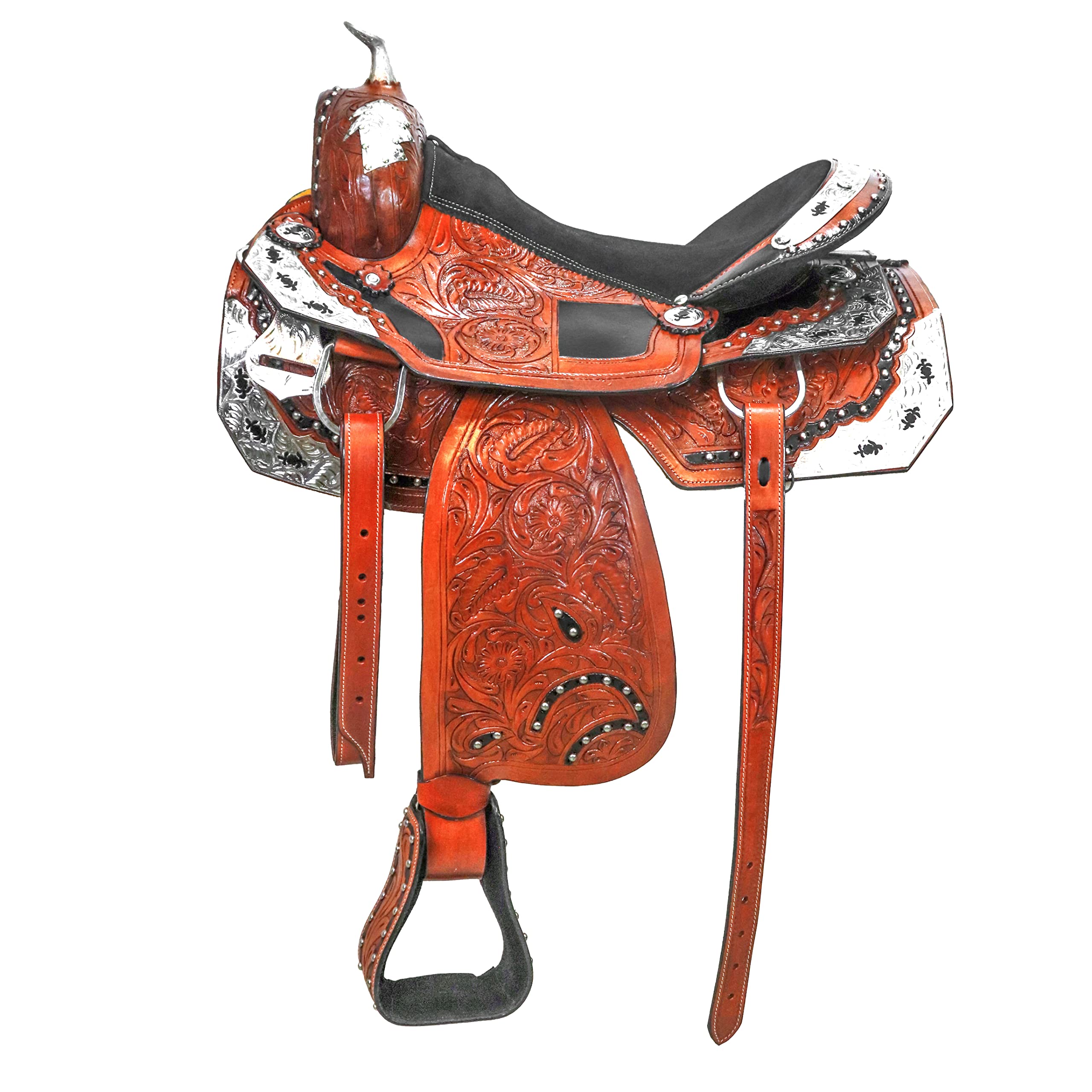 RAJ INTERNATIONAL Classic Quality Handmade Silver Genuine Cowhide Leather Western Pleasure Show Equestrian Trail Horse Saddles Tack All Accessories Included Size 14" to 17" inches Seat Available