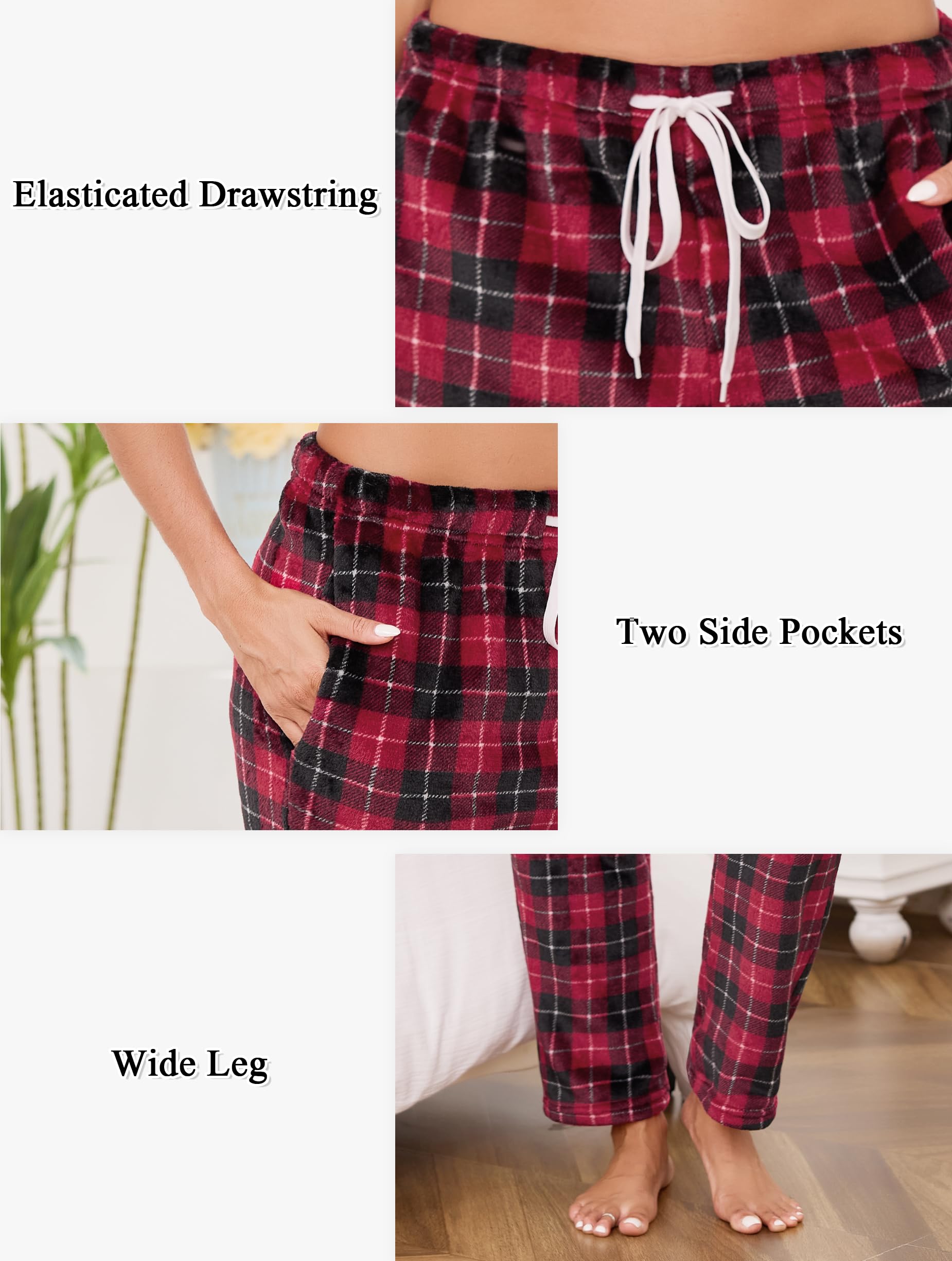 Vlazom Pantalon de Pyjama Femme Hiver Flanelle Bas de Pyjama à Carreaux avec Poche Taille Ajustable