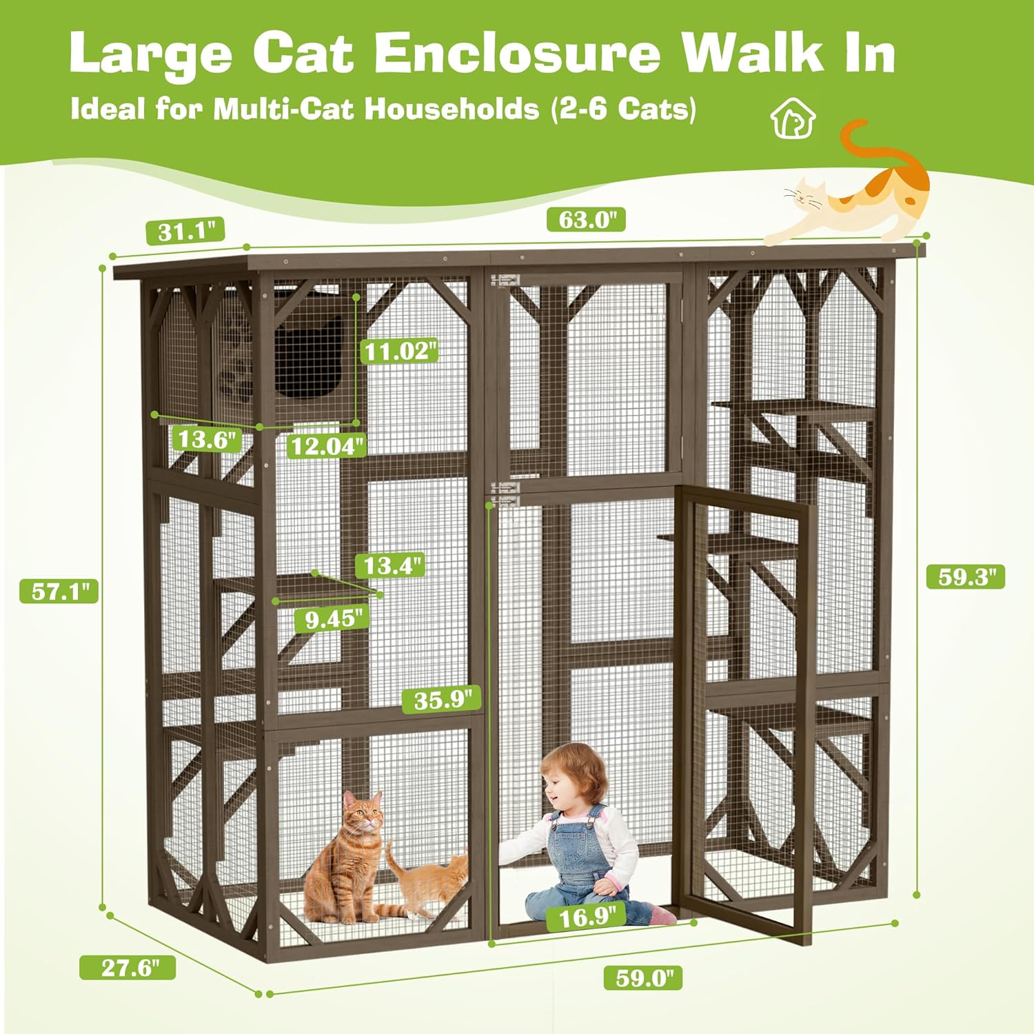 Large Outdoor Cat House Catio Kitty Enclosure with Large Enter Door, Wooden Cat Cage Condo Indoor Playpen with 6 Platforms & Small House (Brown)