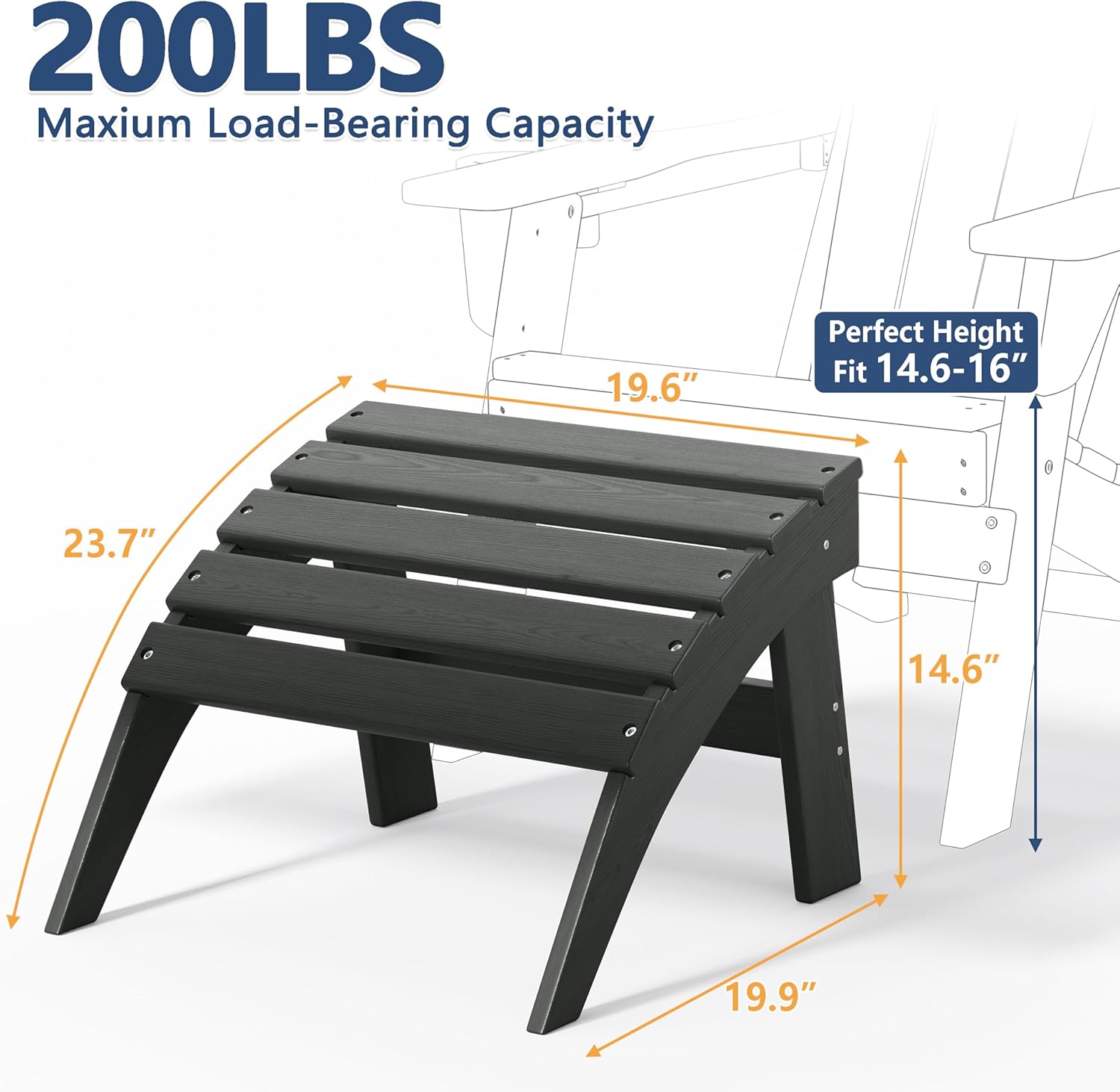 Adirondack Ottoman, HDPE Plastic Outdoor Foot Rest Stool for Patio Chair Backyard Porch Pool Deck Garden, All Weather Resistant Lightweight Portable Comfort(Gray)