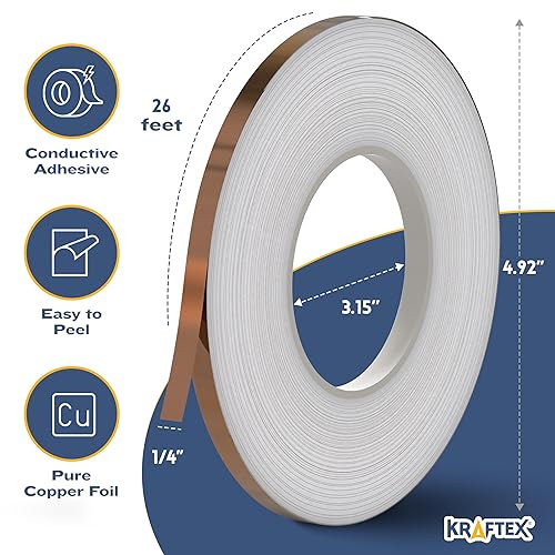 Miniatura 14 de Kraftex Cinta de cobre [1/4 pulgadas x 108 pies, 2 paquetes] - Cinta de cobre para vidrieras, manualidades de bricolaje, blindaje de guitarra