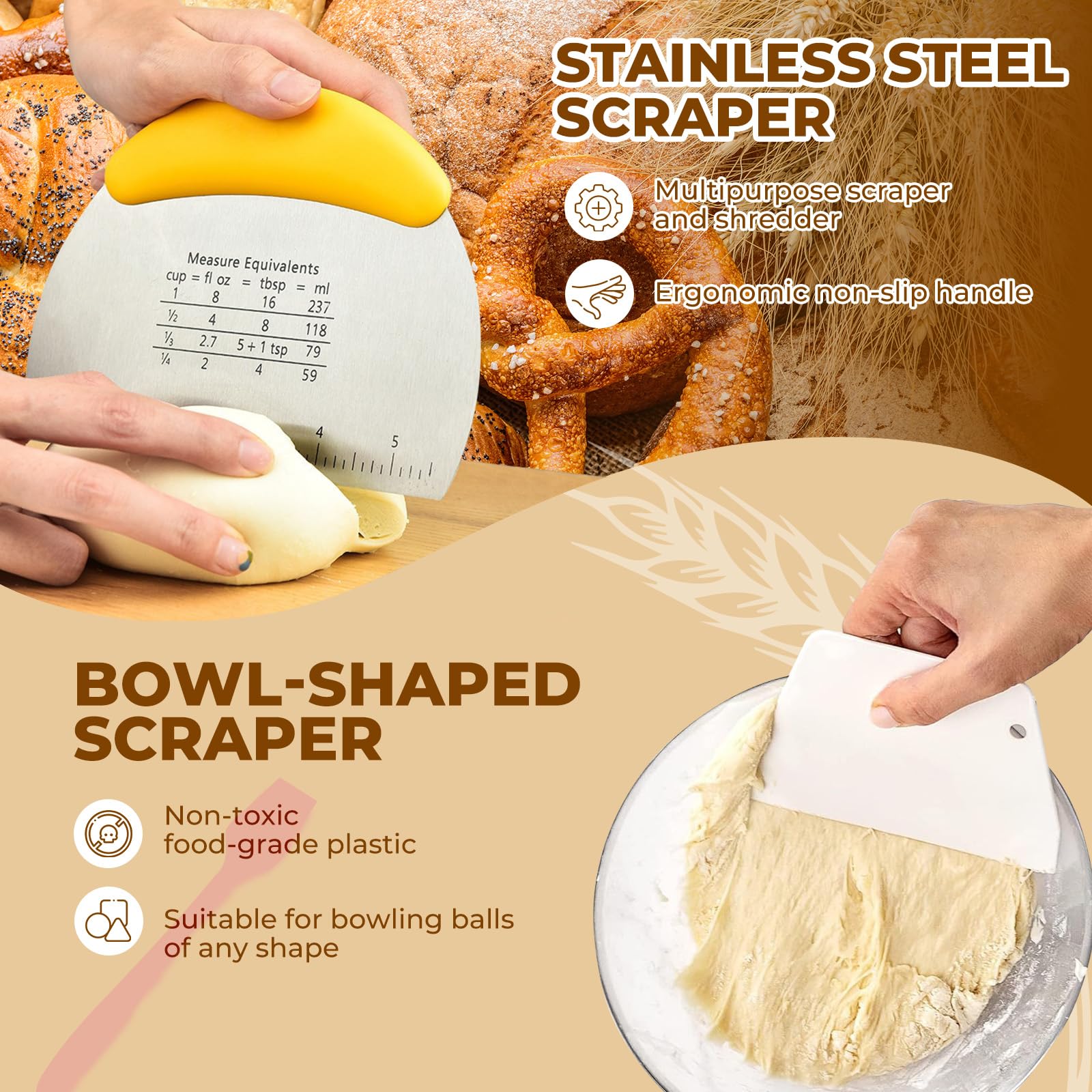 Banneton pour Pain, Corbeille a Pain Rond 25cm, Pot de Fermentation 700ml, Grattoir à Pâte, Brosse, Kit Boulangerie pour Pains à Levain, Panier a Pains pour Débutant, Passionné de Boulangerie