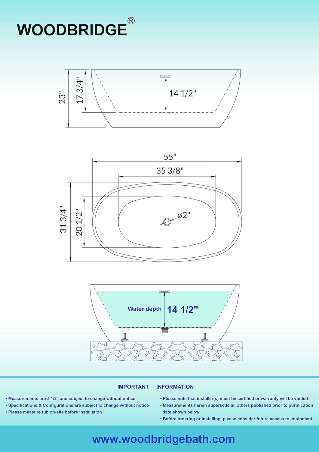 WOODBRIDGE 55" Acrylic Freestanding Bathtub Contemporary Soaking White Tub with Brushed Nickel Overflow and Drain,BTA1418 -B/N-Drain &O