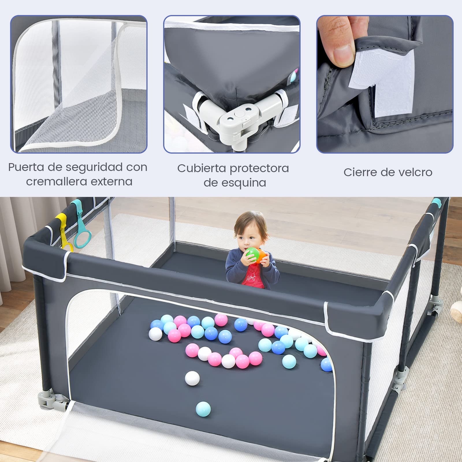COSTWAY Parque Infantil Bebe Plegable, Parque de Juegos para Bebé, 124x124x70cm, Corralito Bebe con Malla Transpirable y Ventosas Antideslizantes, 50 Bolas, 4 Anillos de Agarre (Gris Oscuro)