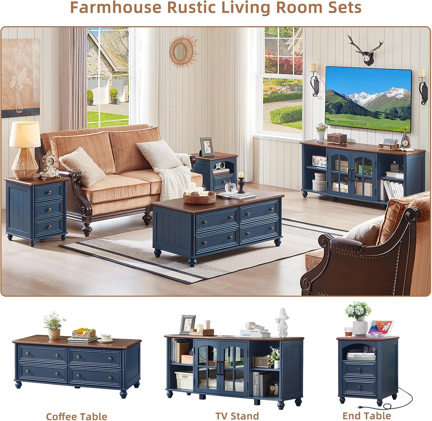 Farmhouse TV Stand for 60 Inch TV, Wood Entertainment Center with Adjustable Shelves & Glass Door Storage Cabinet,Television Stands for 65" TVS,TV Console Table for Living Room,Bedroom,Navy Blue