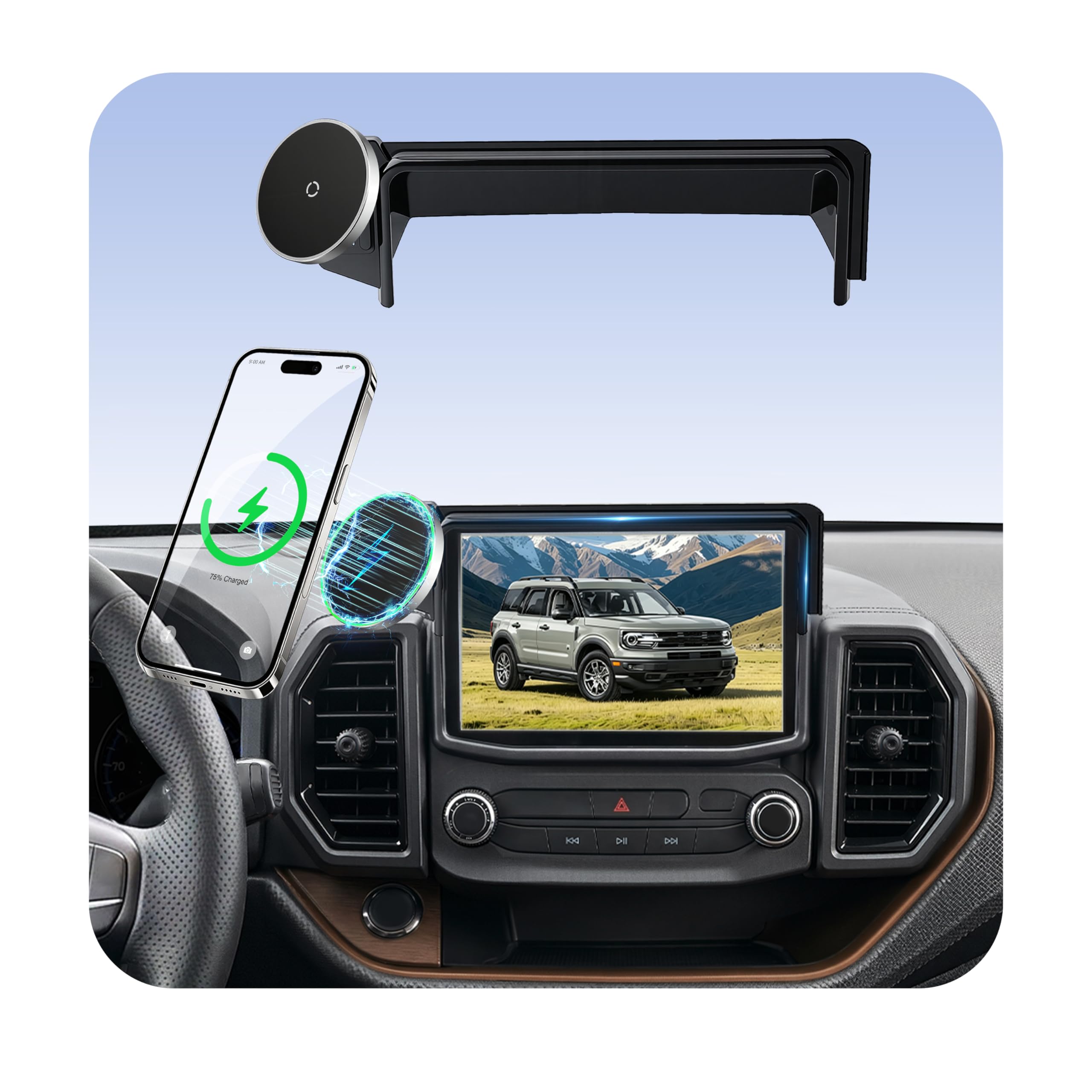 Car Phone Mount for Ford Bronco Sport (2021-2024, 8" Screen ONLY), MagSafe Car Mount, 15W Wireless Charger, iPhone Magnetic Mount for Samsung &amp; Android, 360° &amp; Hands Free, Car Interior Accessories
