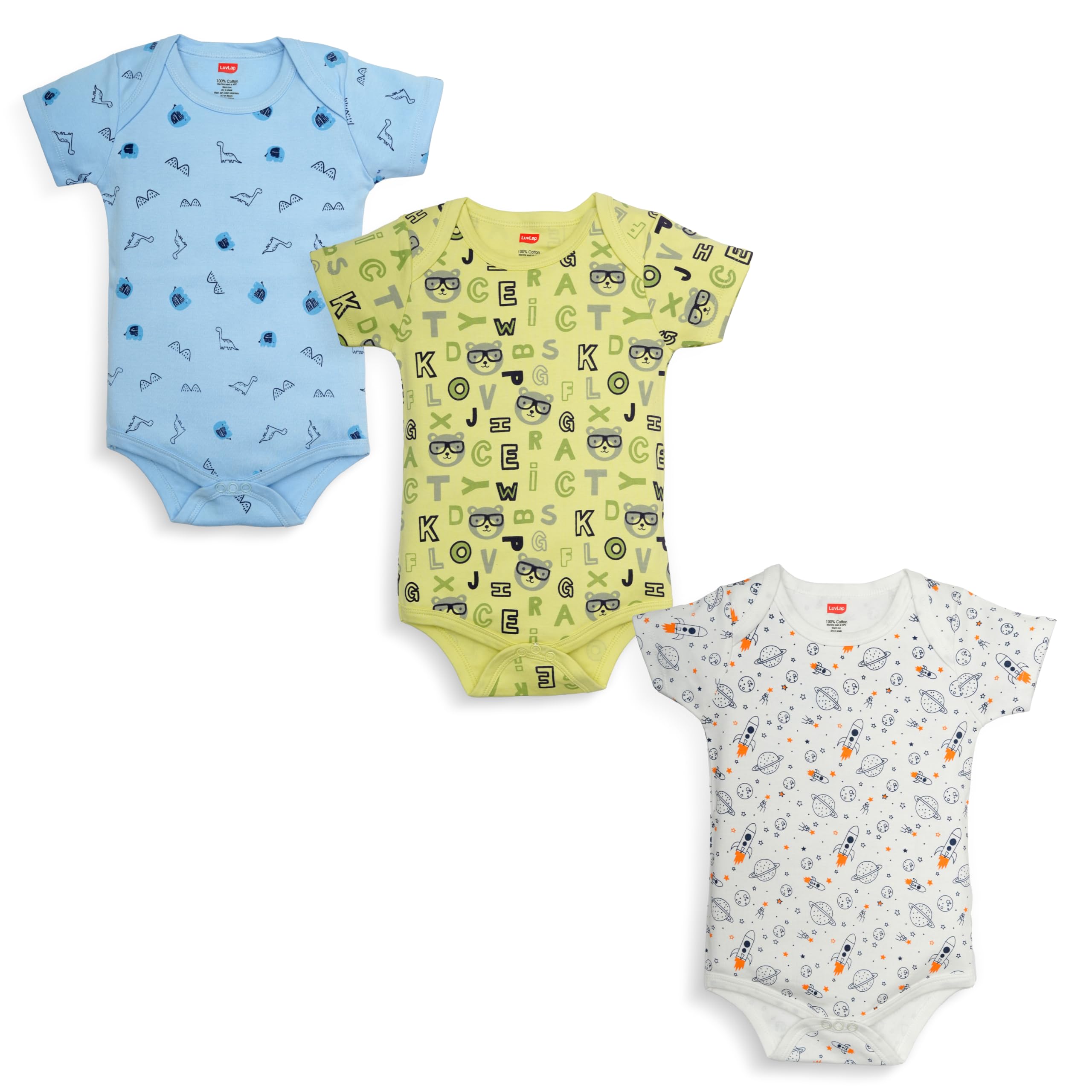 LuvLapBaby Boys and Girls 100% Cotton Half Sleeve Romper/Bodysuit, Pack Of 03
