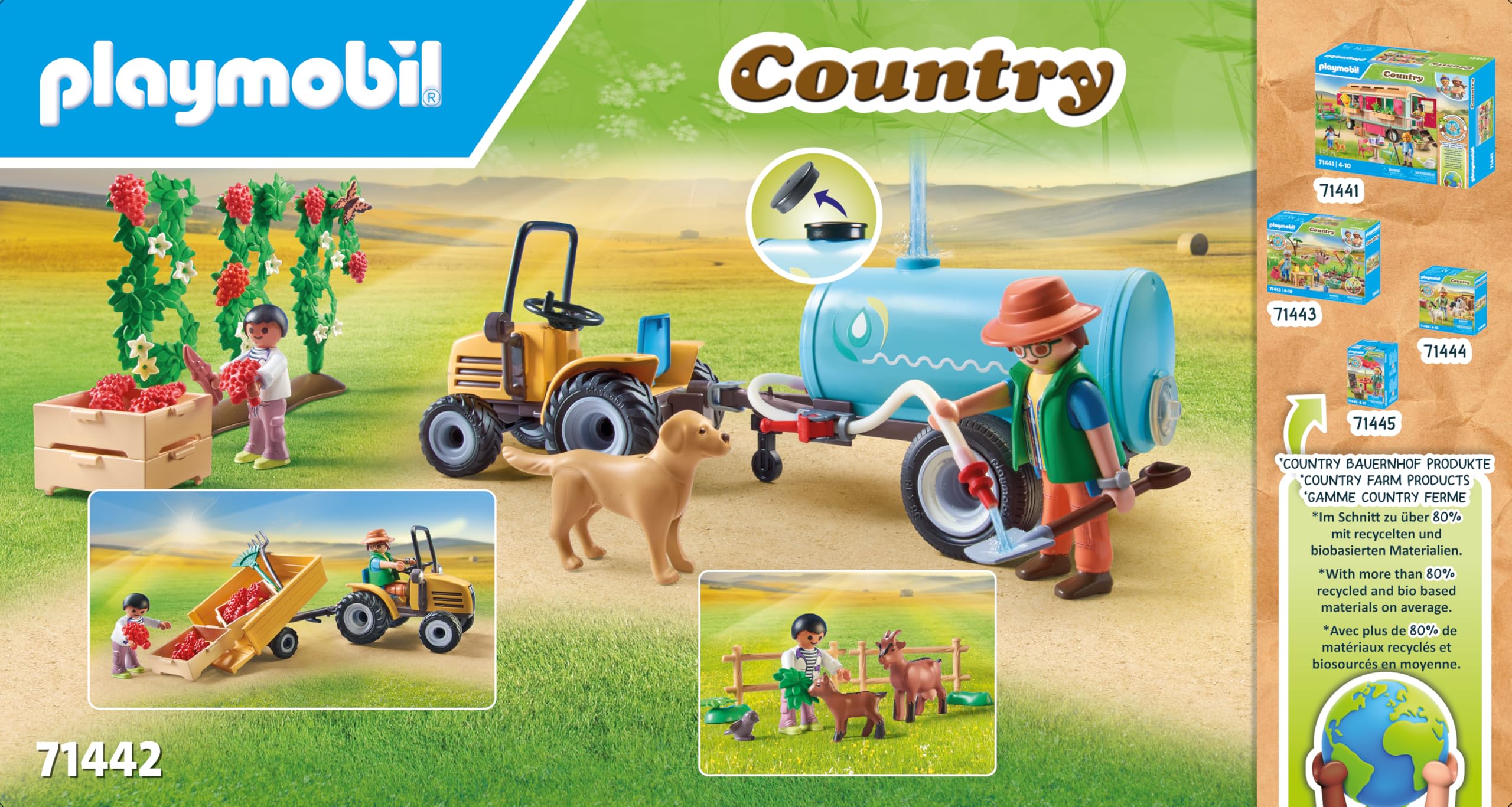 PLAYMOBIL Country 71442 Traktor z przyczepą i zbiornikiem na wodę, świeże zbiory w gospodarstwie rolnym, nauka o środowisku. Zabawne odgrywanie ról, zabawki dla dzieci w wieku od 4 roku życia