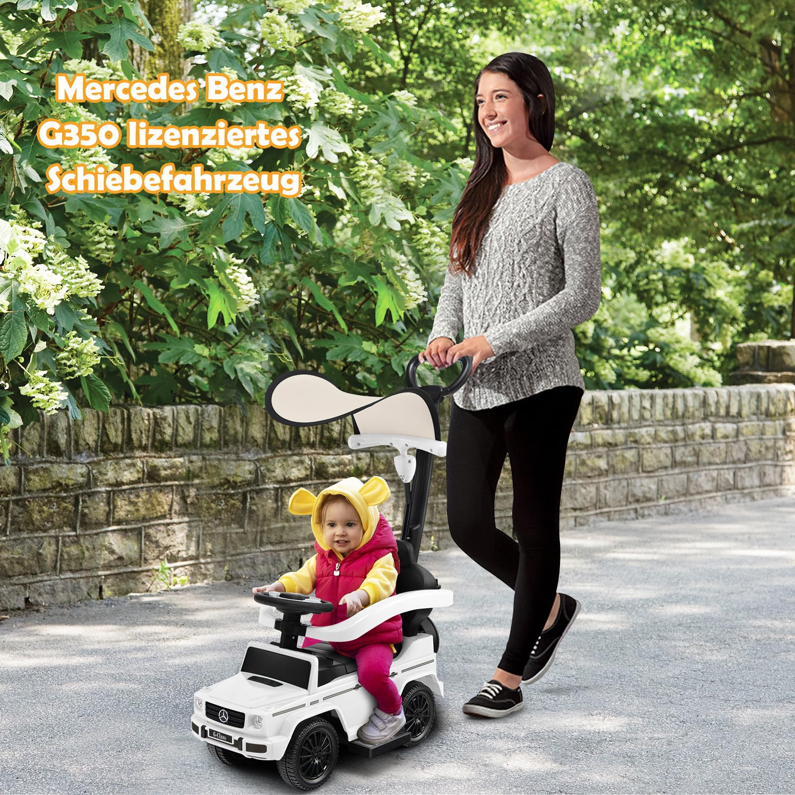 COSTWAY Mercedes Benz Rutschauto, 3 in 1 Rutscher Auto mit Sonnendach & Stauraum & abnehmbaren Schutzbügel & Schiebestange, Rutschfahrzeug mit Motorsound & Hupe, für Kinder ab 1 Jahr (Weiß)