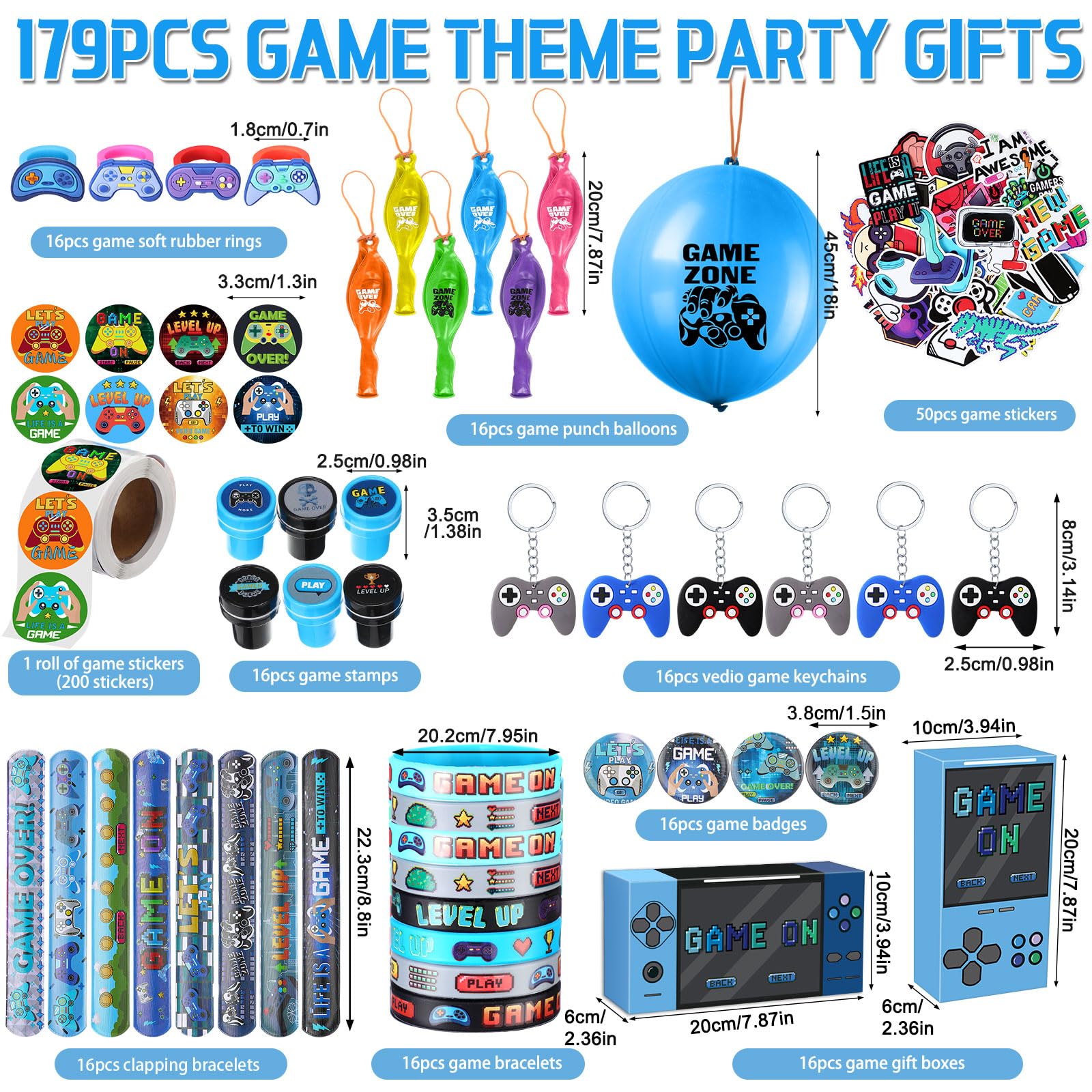 HyDren 179 piezas de recuerdos de fiesta de videojuegos, incluye cajas de regalo de videojuegos, globos perforadores, pulseras de silicona, llaveros, insignias, calcomanías para juegos de fiesta de