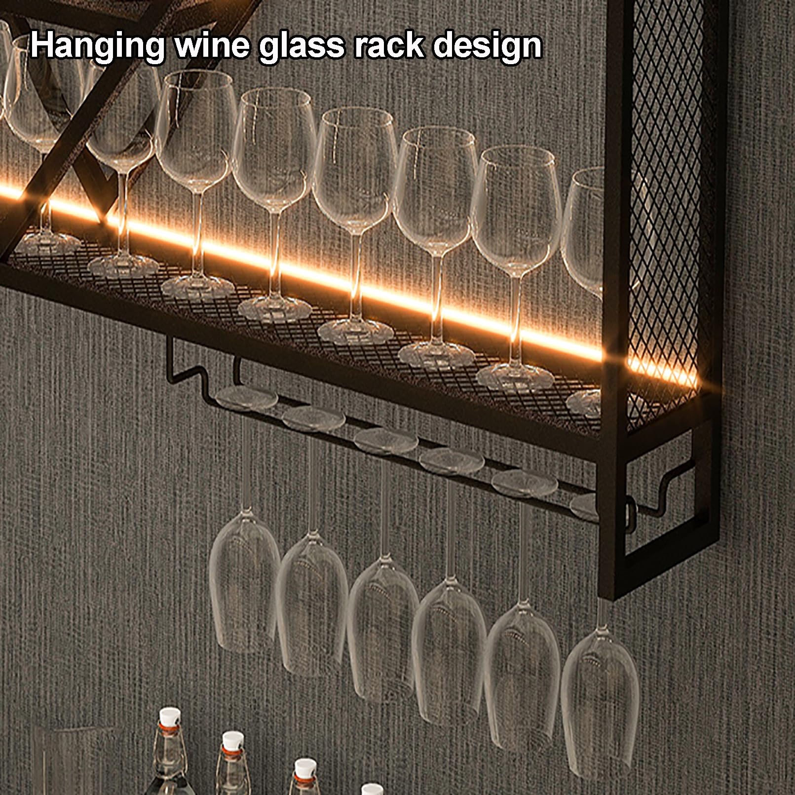 Naścienny metalowy uchwyt na butelki z oświetleniem LED, pływające półki do baru, żelazny stojak na alkohol z uchwytem na kieliszki do wina, idealny do użytku domowego i restauracyjnego