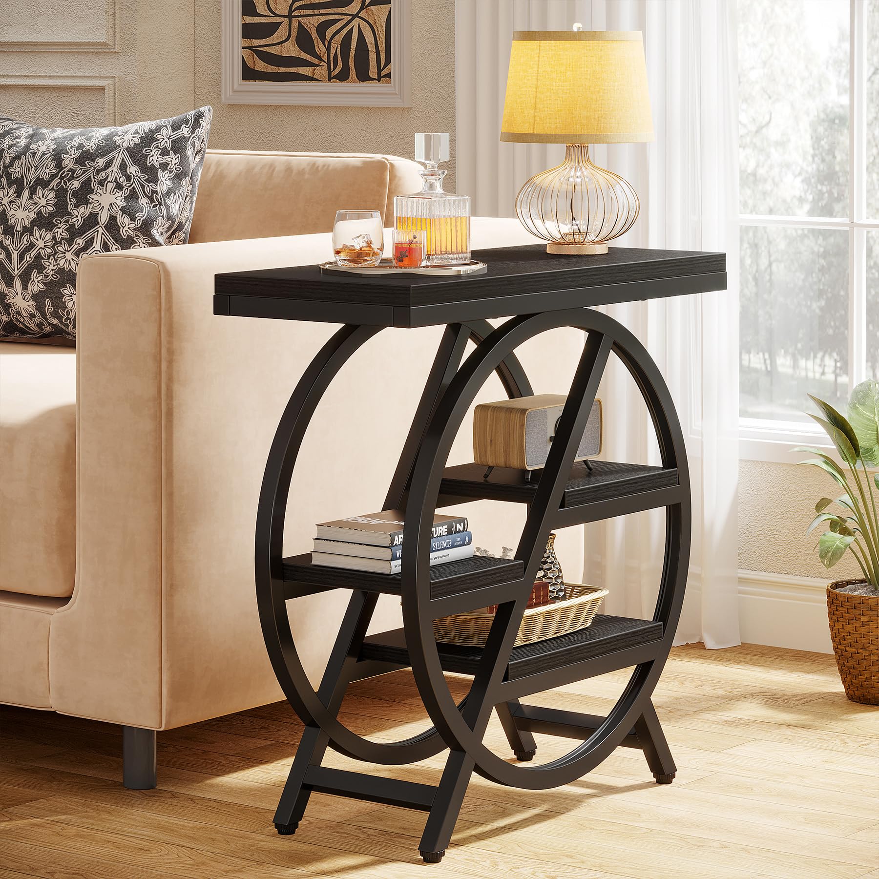 Tribesigns End Table for Living Room, 3-Tier Narrow Side Table with Storage, Wood Sofa Side Table with Geometric Metal Frame, Industrial Nightstand and Bedside Table for Bedroom, Black