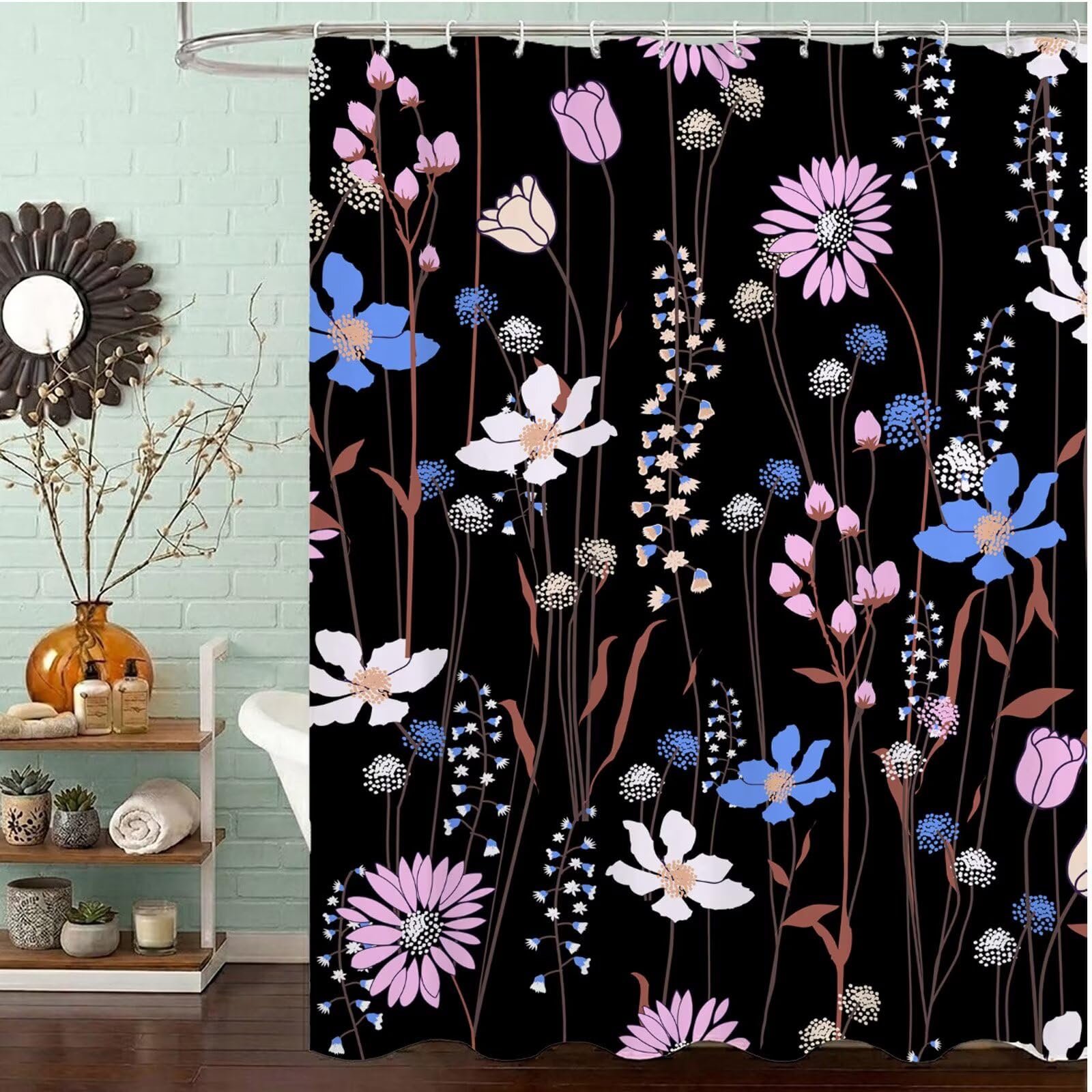Polyester shower curtain noir lavable avec 12 crochets pour douche et baignoire