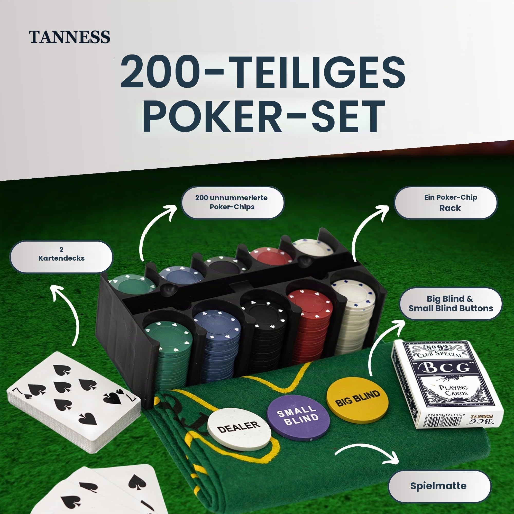 Tanness Pokerset 200 Stück Pokerkoffer mit Pokerchips, Poker Karten & Spielmatte | Casino Poker Set für Texas Hold’em & Blackjack | Poker Chips Set im Metallkoffer | Komplettes Poker Spielset