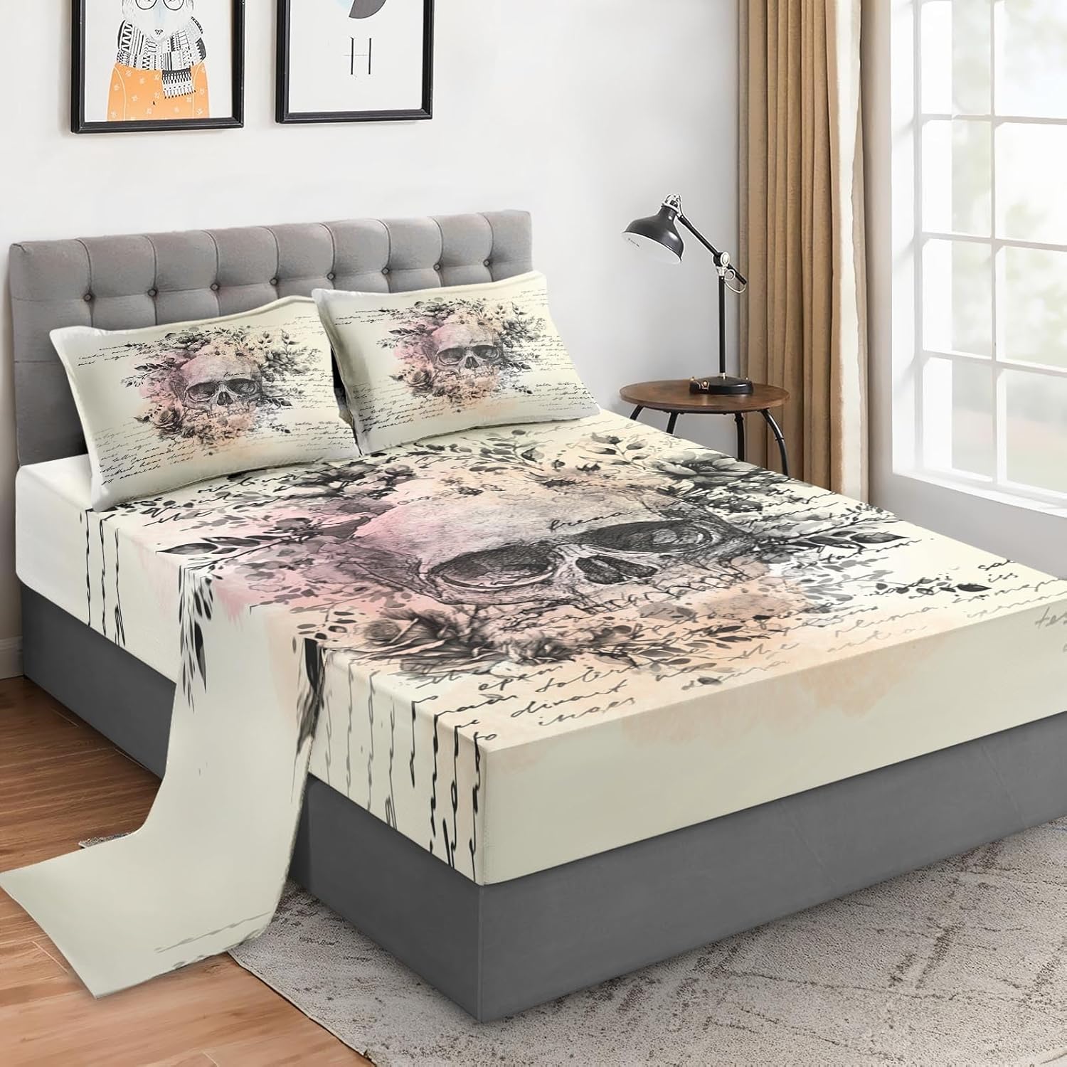 Full Size 4 Pcs Bed Fitted Sheet Set with 14" Deep Pocket, Retro Gothic Flat Sheet Set for Adults, Rock Goth Bedding with 2 Pillowcases