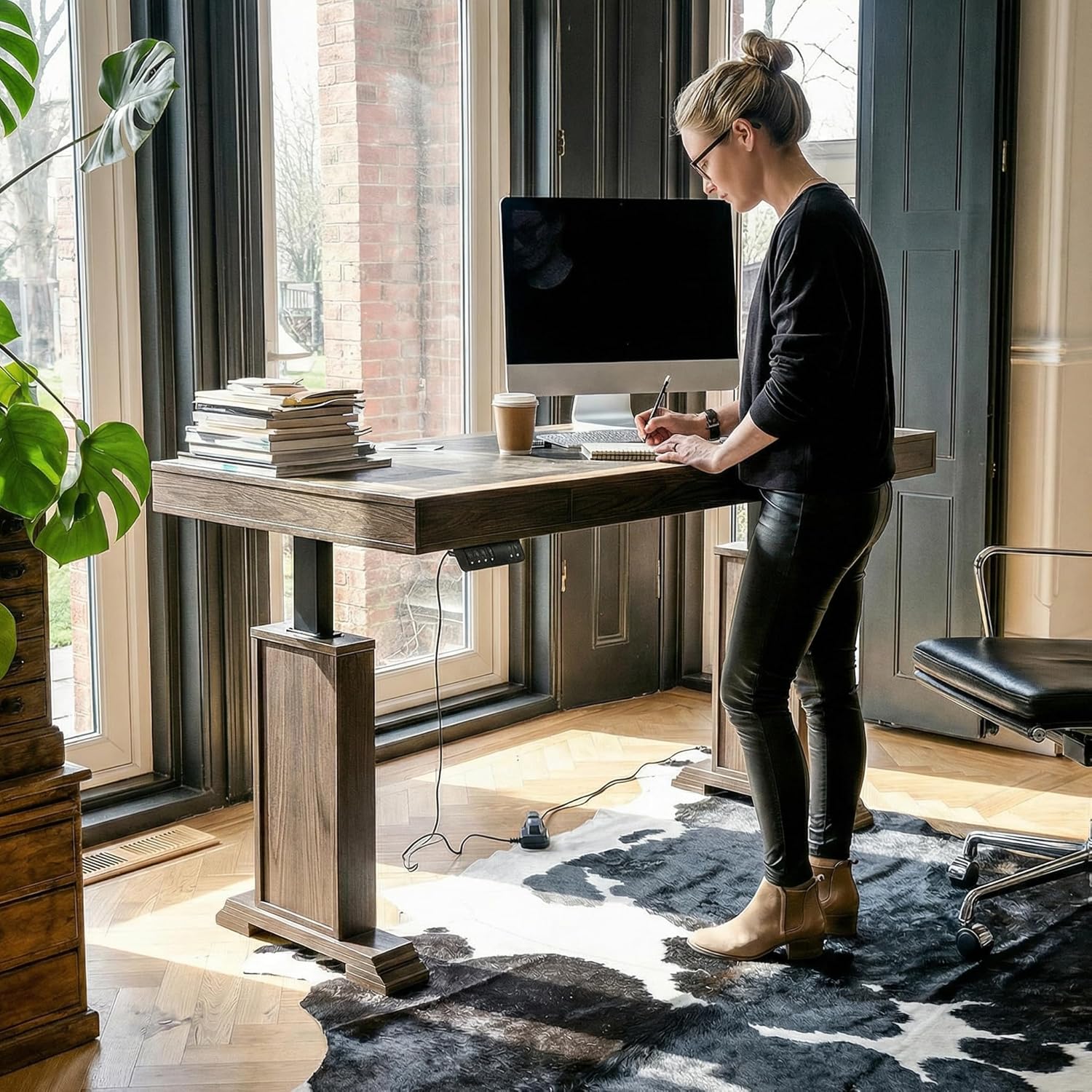 Homsee Height Adjustable Electric Standing Desk, 63 x 31.5 Inch Home Office Sit Stand Up Desk, Modern Work from Home Computer Table with Large Legroom for Gaming Study Writing, Brown Grain