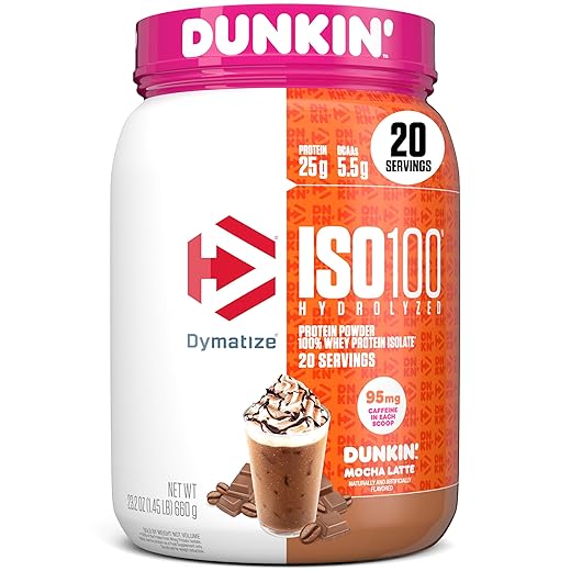 Dymatize ISO100 Hydrolyzed Protein Powder in Dunkin' Mocha Latte Flavor, 100% Whey Isolate, 25g Protein, 95mg Caffeine, 5.5g BCAAs, Gluten Free, Fast Absorbing, Easy Digesting, 20 Servings