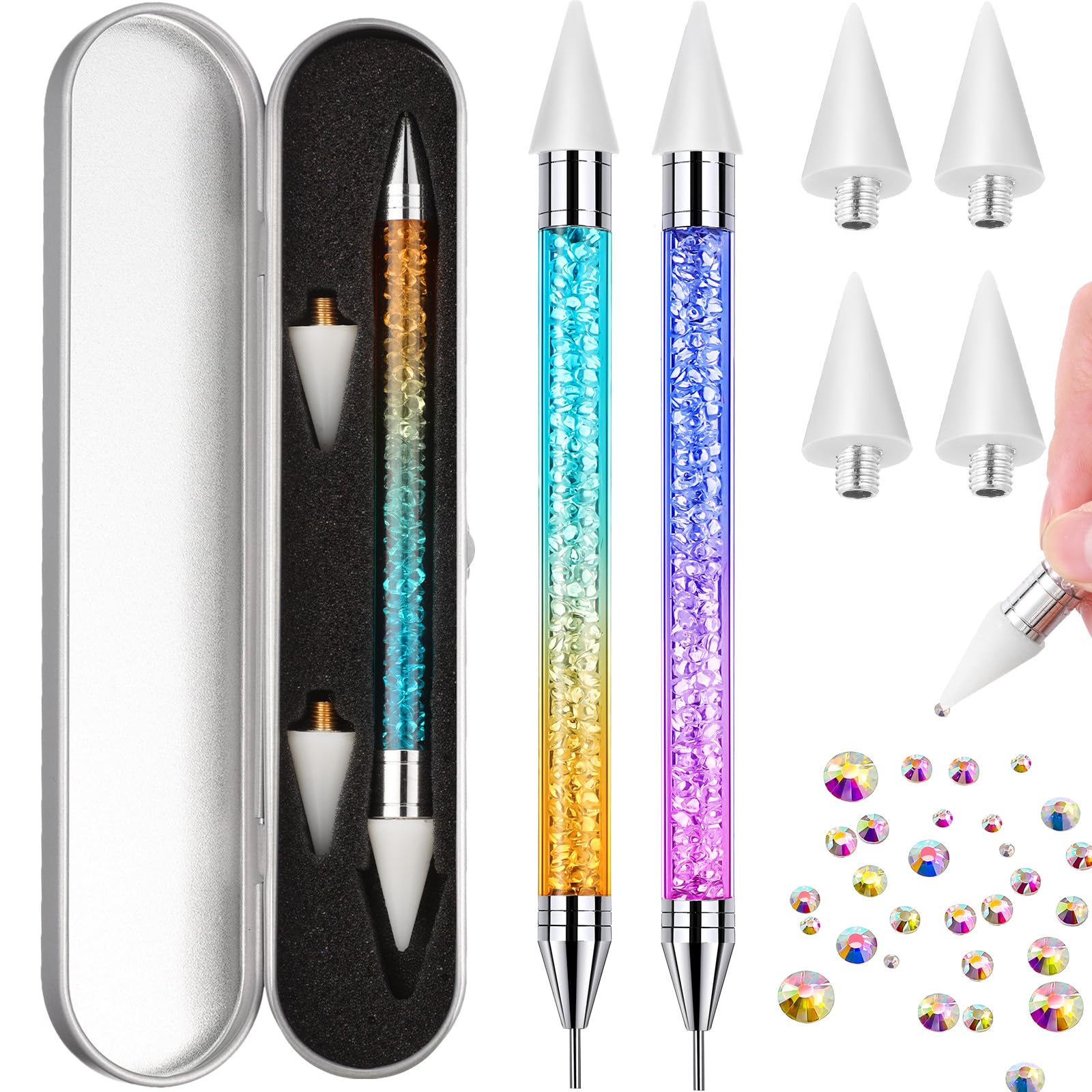 Tatuo 2 Pcs Nail Rhinestone Picker Tool Dual Ended Wax Pen Gem Picker Tool Dotting Pen for Nail Art DIY Rhinestones Dotting Gems Stones Crystals and