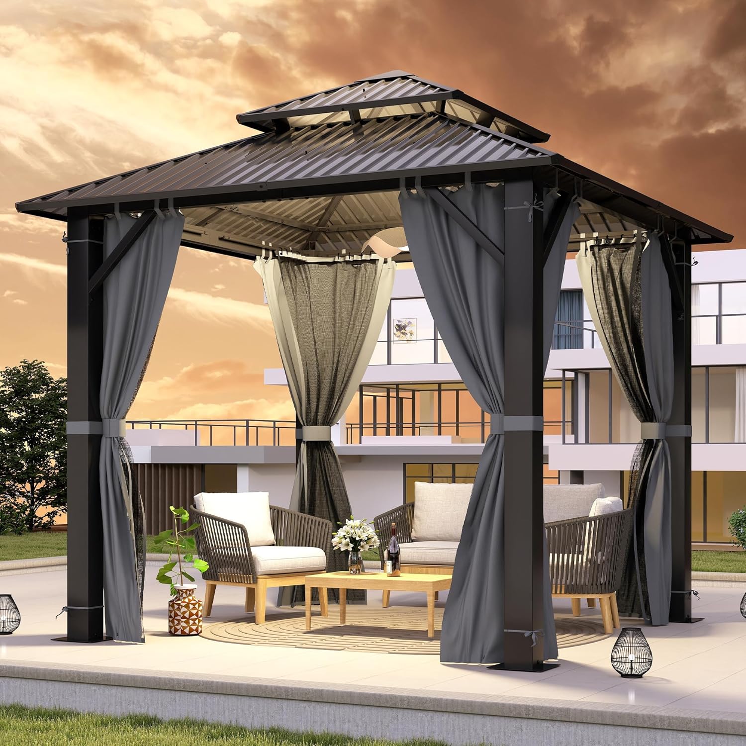 GARTOO 8.5x8.5FT Outdoor Hardtop Gazebo with Double Roof - Aluminum Heavy-Duty Steel Top Gazebo with Breathable Netting & Privacy Curtain for Patio, Porch, Garden, Lawn, Deck, Backyard