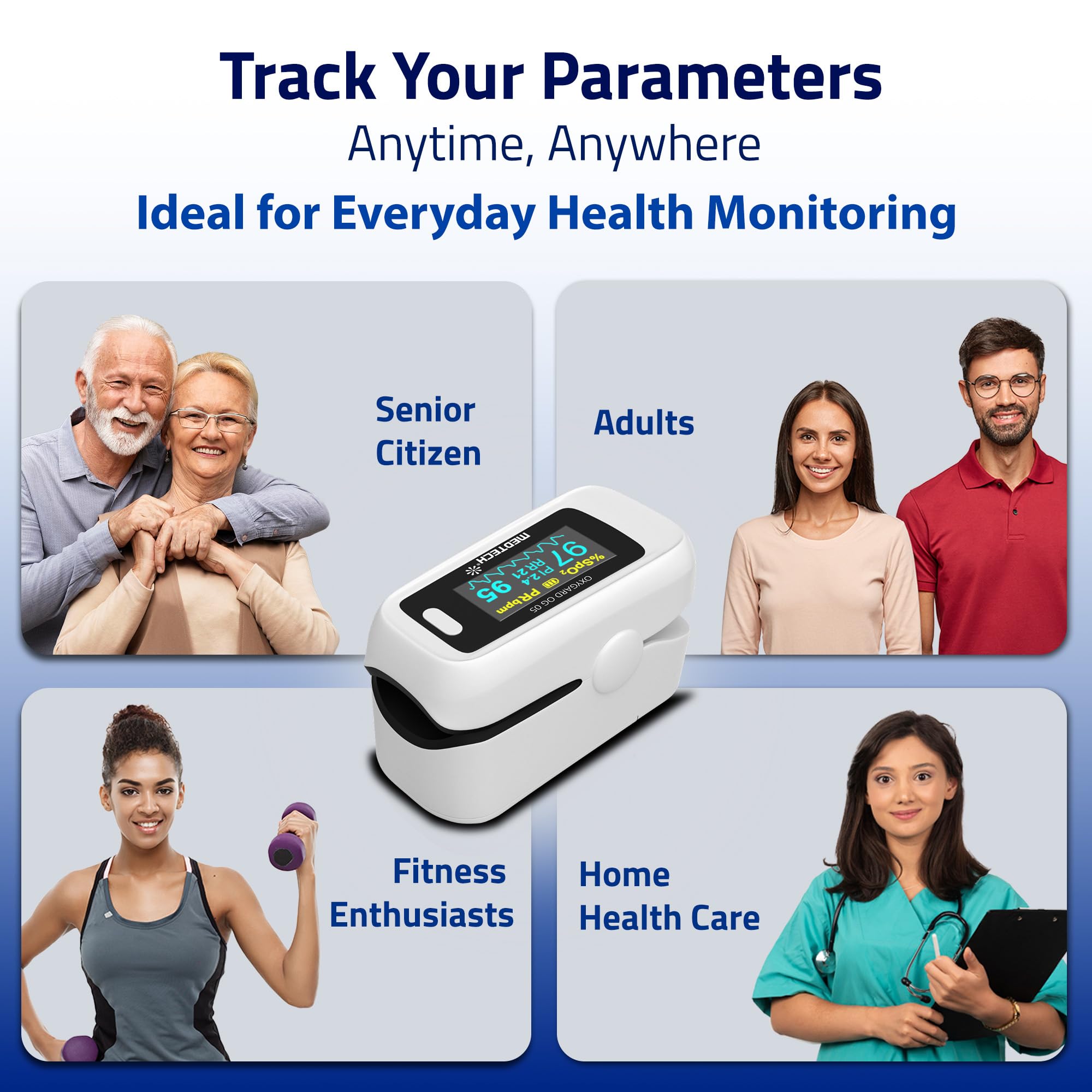 Medtech OG05 - Fingertip Pulse Oximeter | Blood Oxygen Saturation and Heart Rate Monitor | SpO2 Oxygen Meter | Finger Pulse oximeter | 4 Parameters - Perfusion Index, Respiratory Rate, Oxygen Level and Pulse Rate | High Accuracy | 12 Months Warranty 3