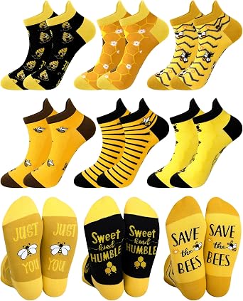 6 Pairs Bee Ankle Socks Bee Day Gifts for Women Novelty Tab Socks for Honeybee Lover Mother Day Birthday Party