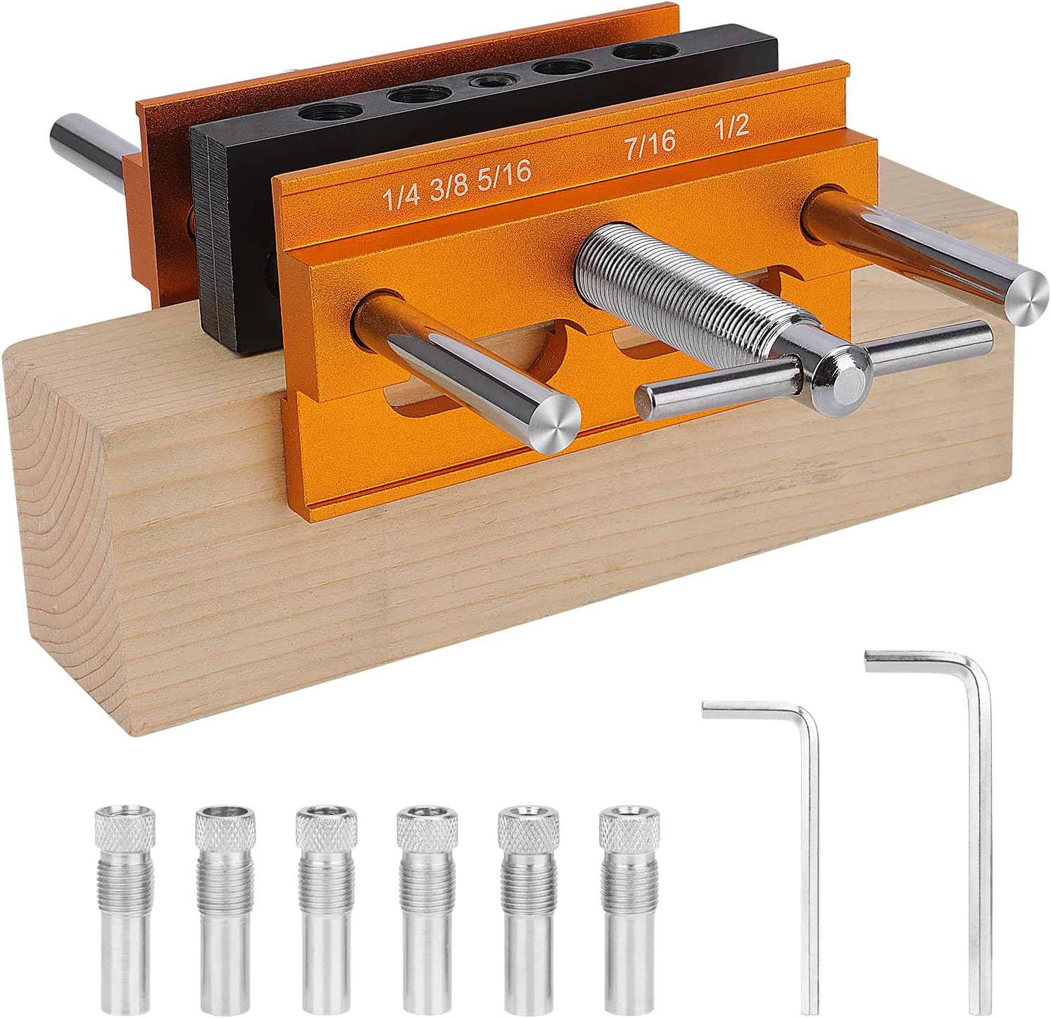 SLIIMU Self Centering Dowel Jig Kit for Max 6.8'' Thick Timber, Inch Woodworking Center Doweling Drill Guide Jig for Straight Hole, Portable Drill Block for Wood Dowel Hole with 6 Drill Sleeve