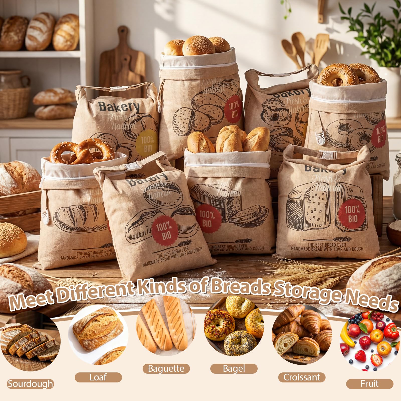 Tigeen Bienenwachs-Brotbeutel für Sauerteig und hausgemachtes Brot, 43,2 x 33 cm, XL, wiederverwendbar, Bio-Leinen, Bienenwachs-Wraps mit Reißverschluss für frische Lebensmittel, Aufbewahrung von Brot