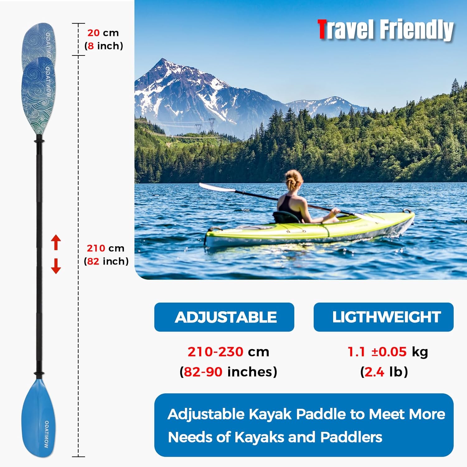 Kayak Paddles with Alloy Shaft and PP Blade, Floating Kayaking Oars, Adjustable 230-250 cm/90-98 Inches, 210-230 cm/82-90 Inches