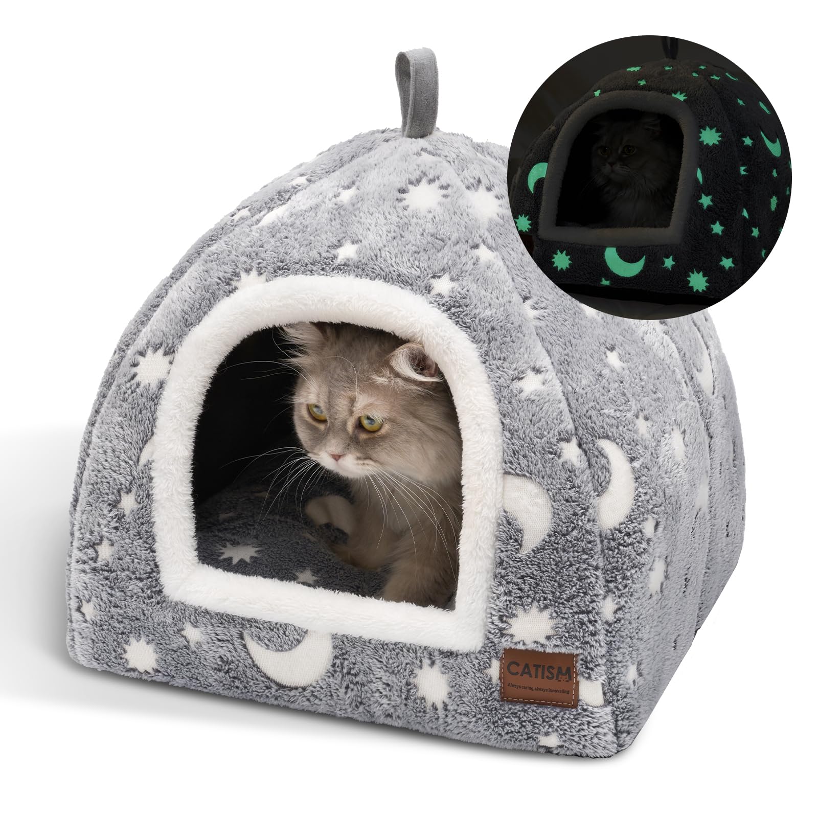 CATISM Cama para Gatos Que Brilla en la Oscuridad, 2 en 1 Luminosa Cueva para Gatos de Interior, Plegable Casa para Gatos, Cómodo Lugar para Dormir para Gatitos Cachorros con Lavable Cojín Extraíble