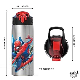 Zak Designs 27oz Marvel 18/8 Single Wall Stainless Steel Water Bottle with Flip-up Straw and Locking Spout Cover, Durable Cup for Sports or Travel (27oz, Spider-Man)