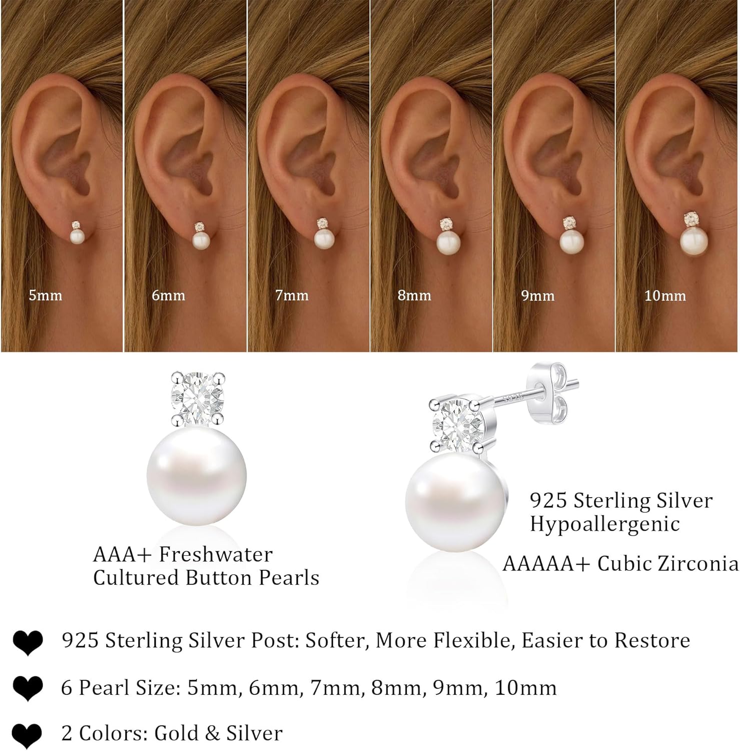 WFYOU Pearl Earrings for Women 925 Sterling Silver Earring 14K Gold Plated Pearls Stud Earrings for Women Trendy White 5 6 7 8 9 10MM Pearl CZ Diamond Hypoallergenic Earring Jewelry Gift - Image 4